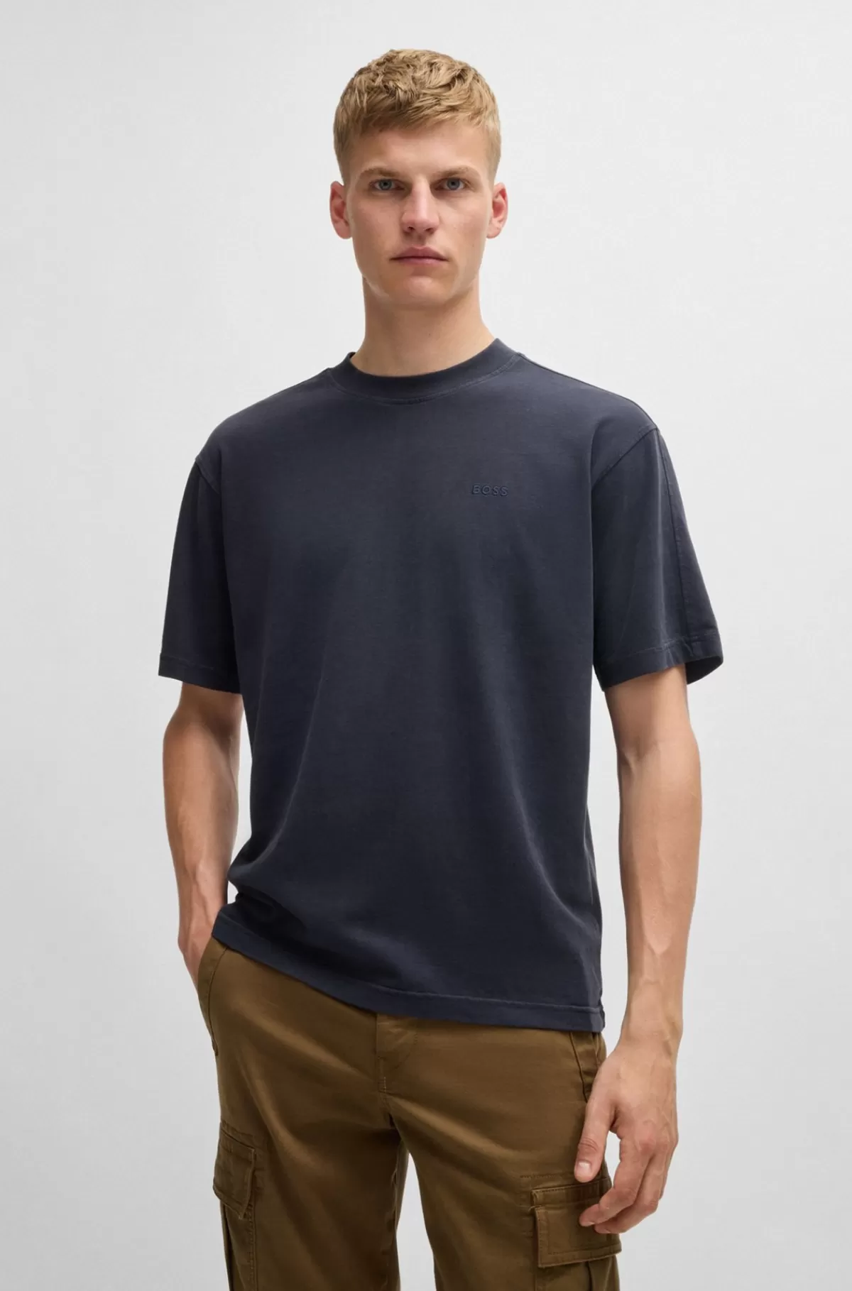 HUGO BOSS Relaxed Fit T-shirt I Ferskenblød Bomuld Med Logo Mørkeblå Discount