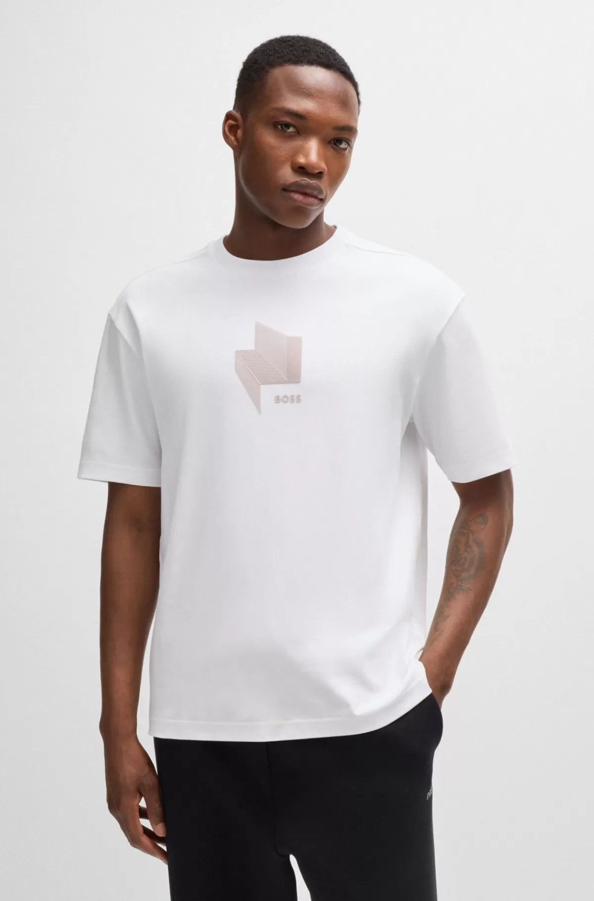 HUGO BOSS Relaxed Fit T-shirt I Interlockbomuld Med Glansfuld Grafik Hvid New