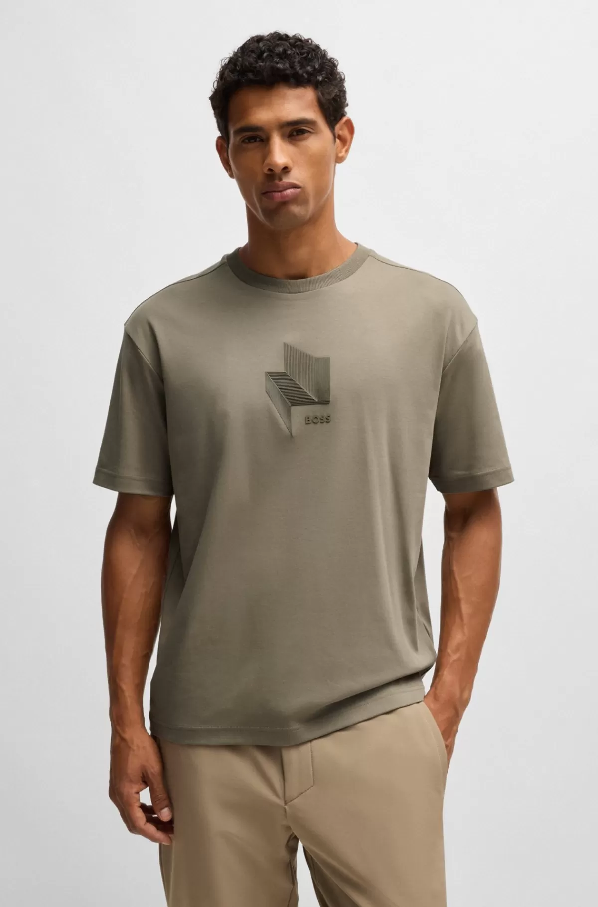 HUGO BOSS Relaxed Fit T-shirt I Interlockbomuld Med Glansfuld Grafik Beige Best Sale