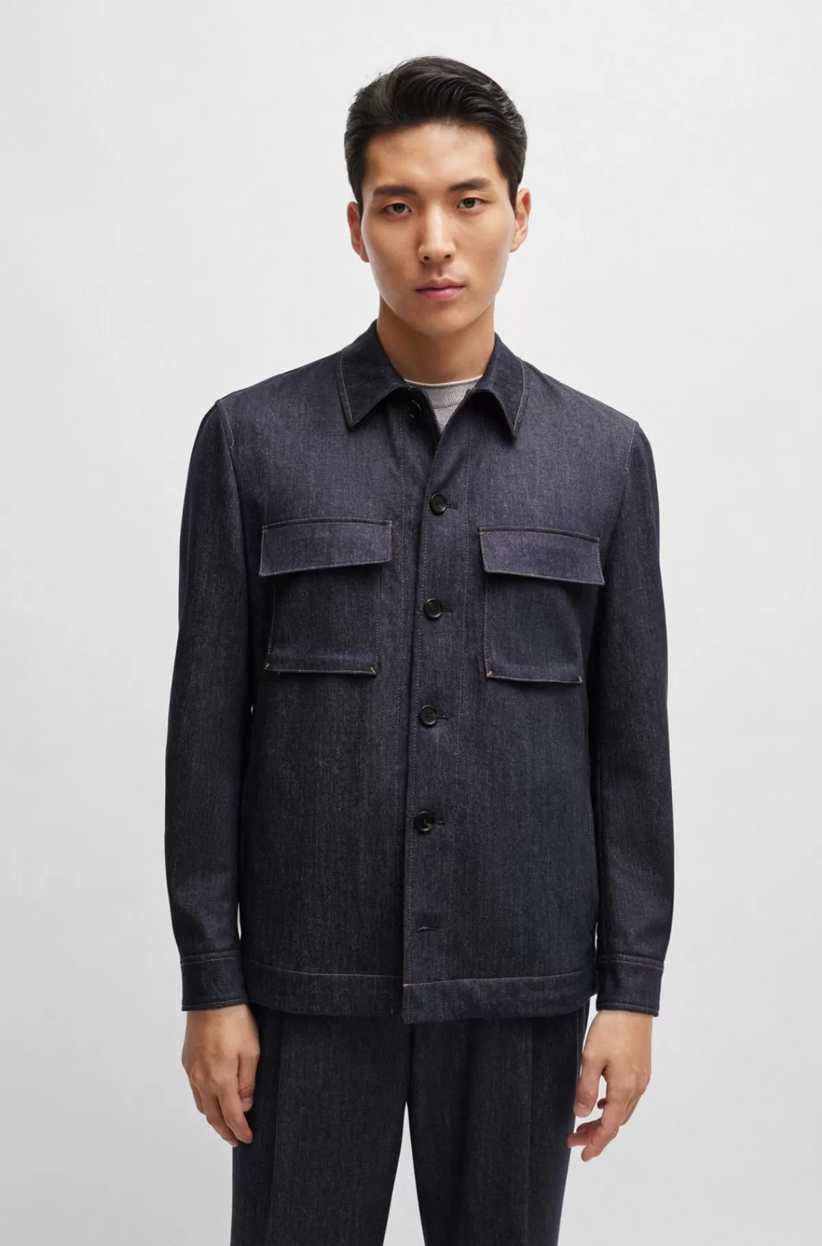 HUGO BOSS Relaxed Fit Yderskjorte I Denim Af Ny Uld Mørkeblå Hot