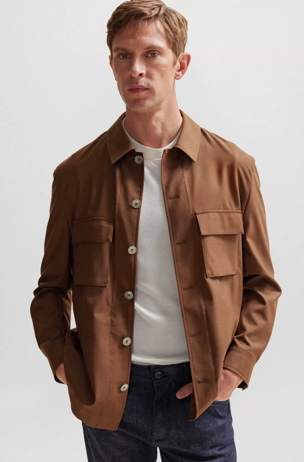 HUGO BOSS Relaxed Fit Yderskjorte I Meleret, Italiensk Uld Og Silke Brun Flash Sale