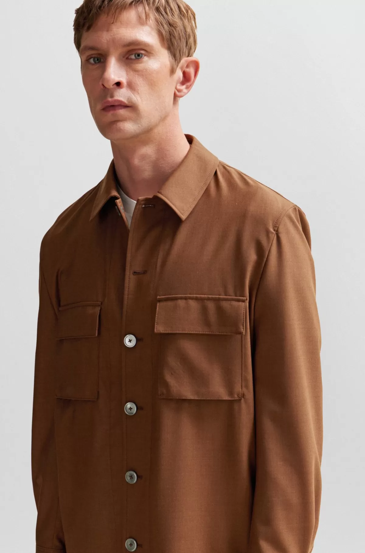 HUGO BOSS Relaxed Fit Yderskjorte I Meleret, Italiensk Uld Og Silke Brun Flash Sale