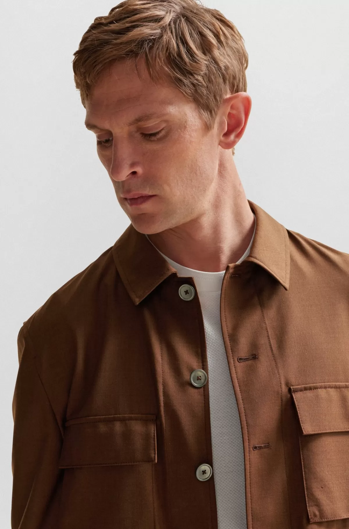 HUGO BOSS Relaxed Fit Yderskjorte I Meleret, Italiensk Uld Og Silke Brun Flash Sale