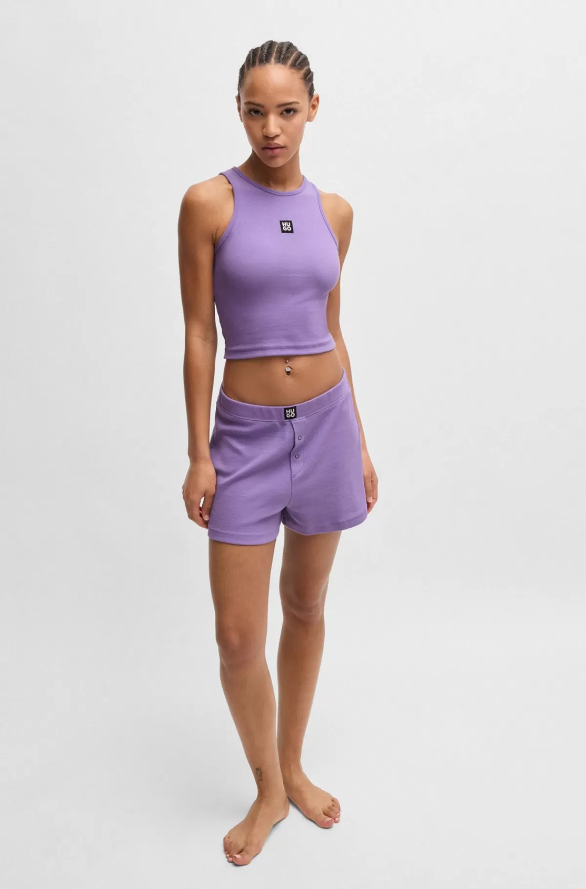 HUGO BOSS Ribstrikkede Pyjamasshorts I Bomuld Med Stræk Og Stablet Logo Lilla New