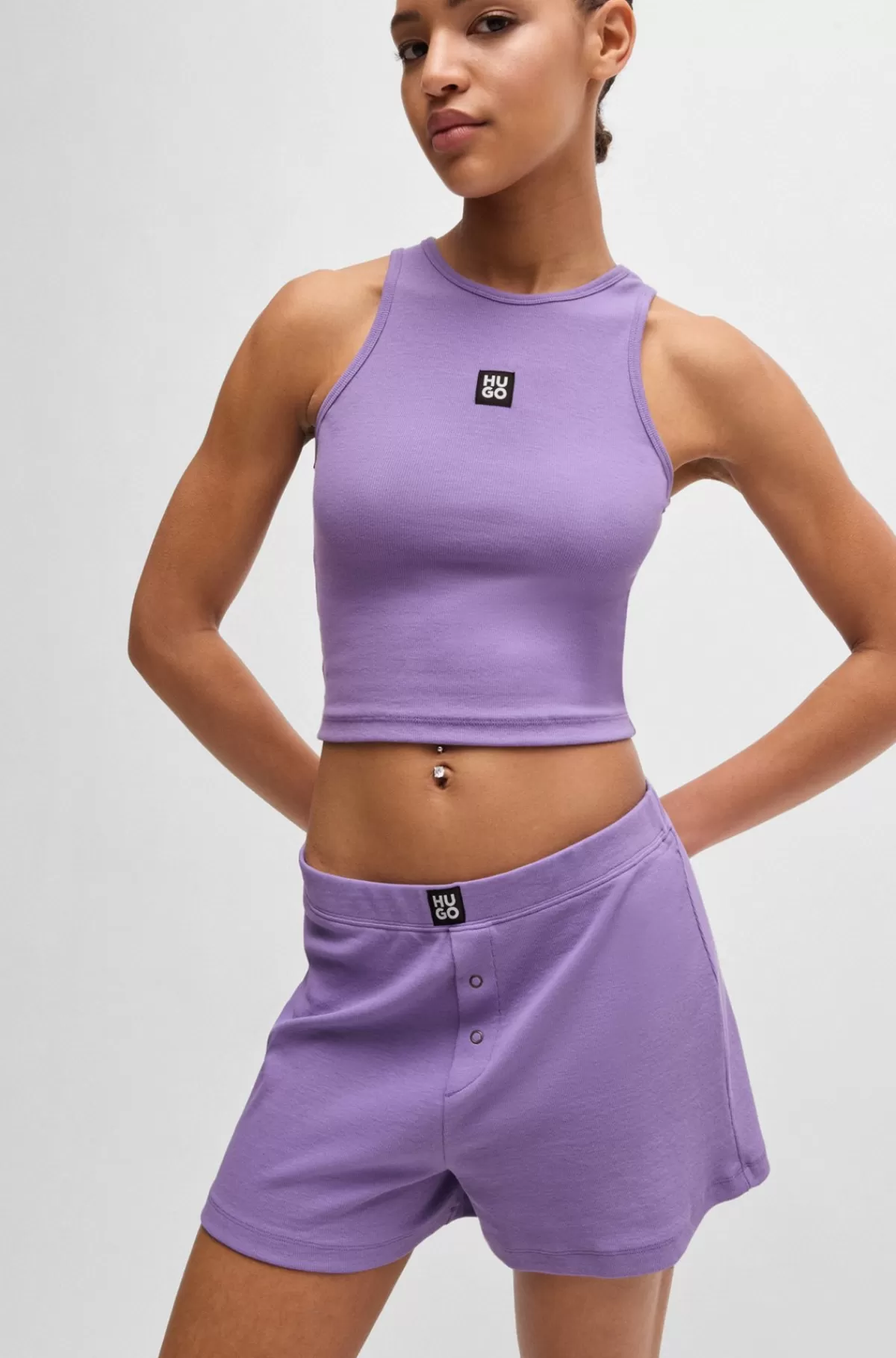 HUGO BOSS Ribstrikkede Pyjamasshorts I Bomuld Med Stræk Og Stablet Logo Lilla New