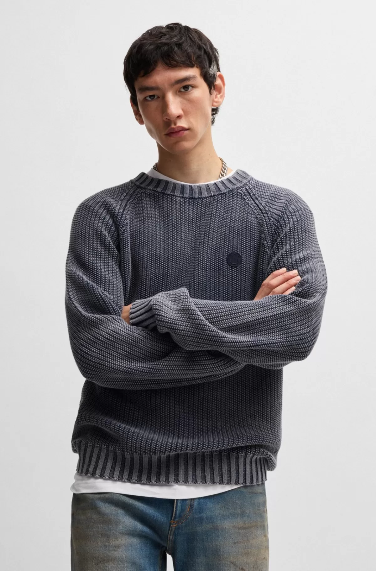 HUGO BOSS Ribstrikket Bomuldssweater Med Logobadge Blå Cheap