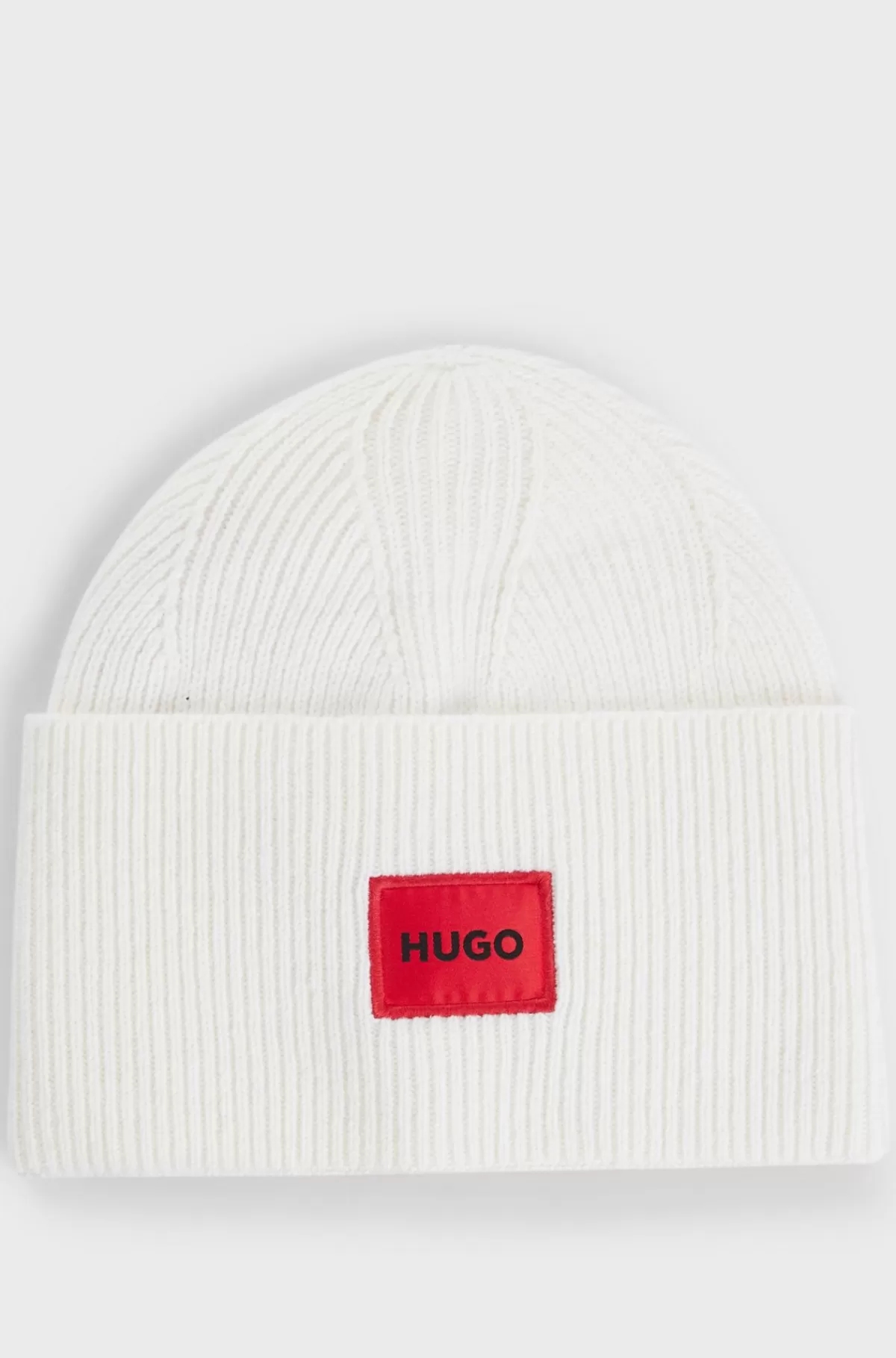 HUGO BOSS Ribstrikket Strikhue Med Rød Logomærkat Hvid New