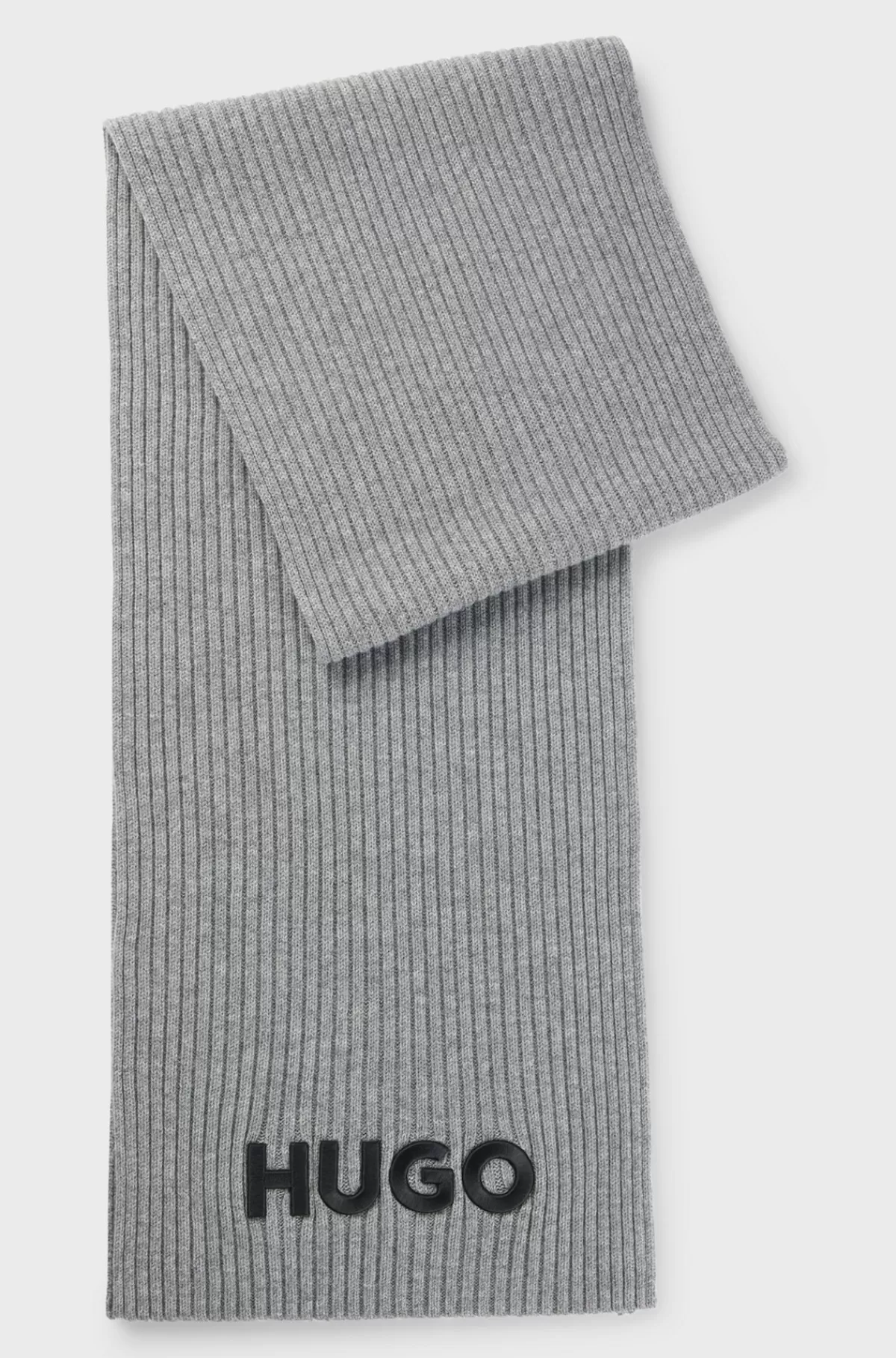 HUGO BOSS Ribstrikket Tørklæde I Ny Uld Med Broderet Logo Grå Best