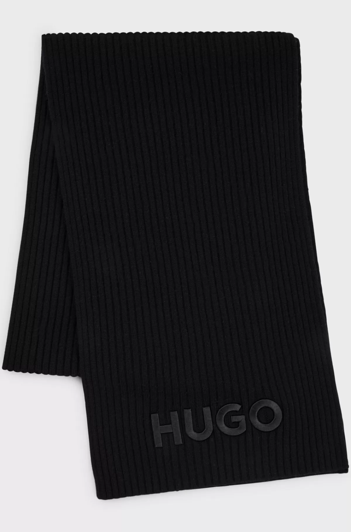 HUGO BOSS Ribstrikket Tørklæde I Ny Uld Med Broderet Logo Sort Hot