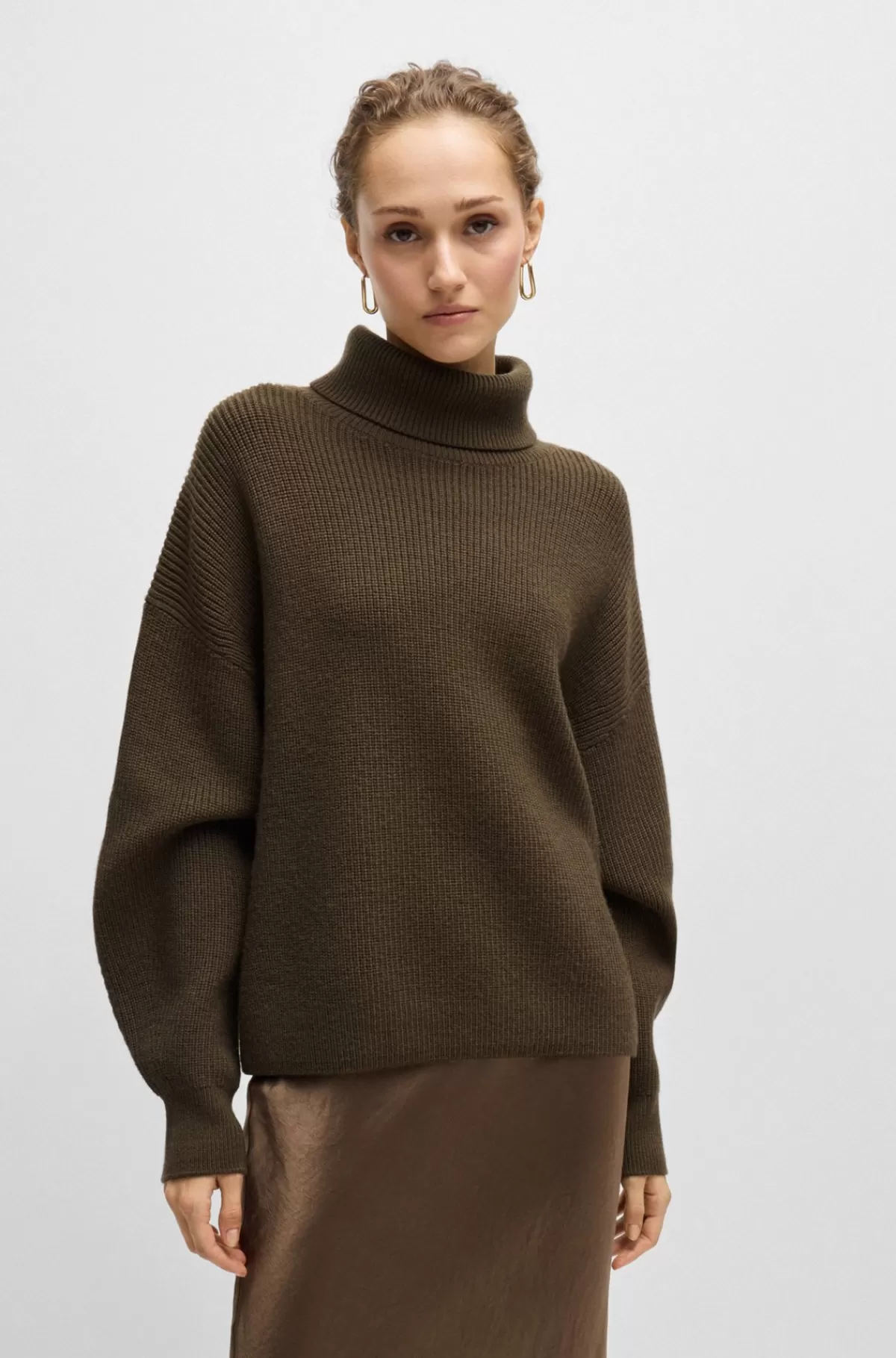 HUGO BOSS Rullekravesweater I Ny Uld Med Rib Kaki Outlet