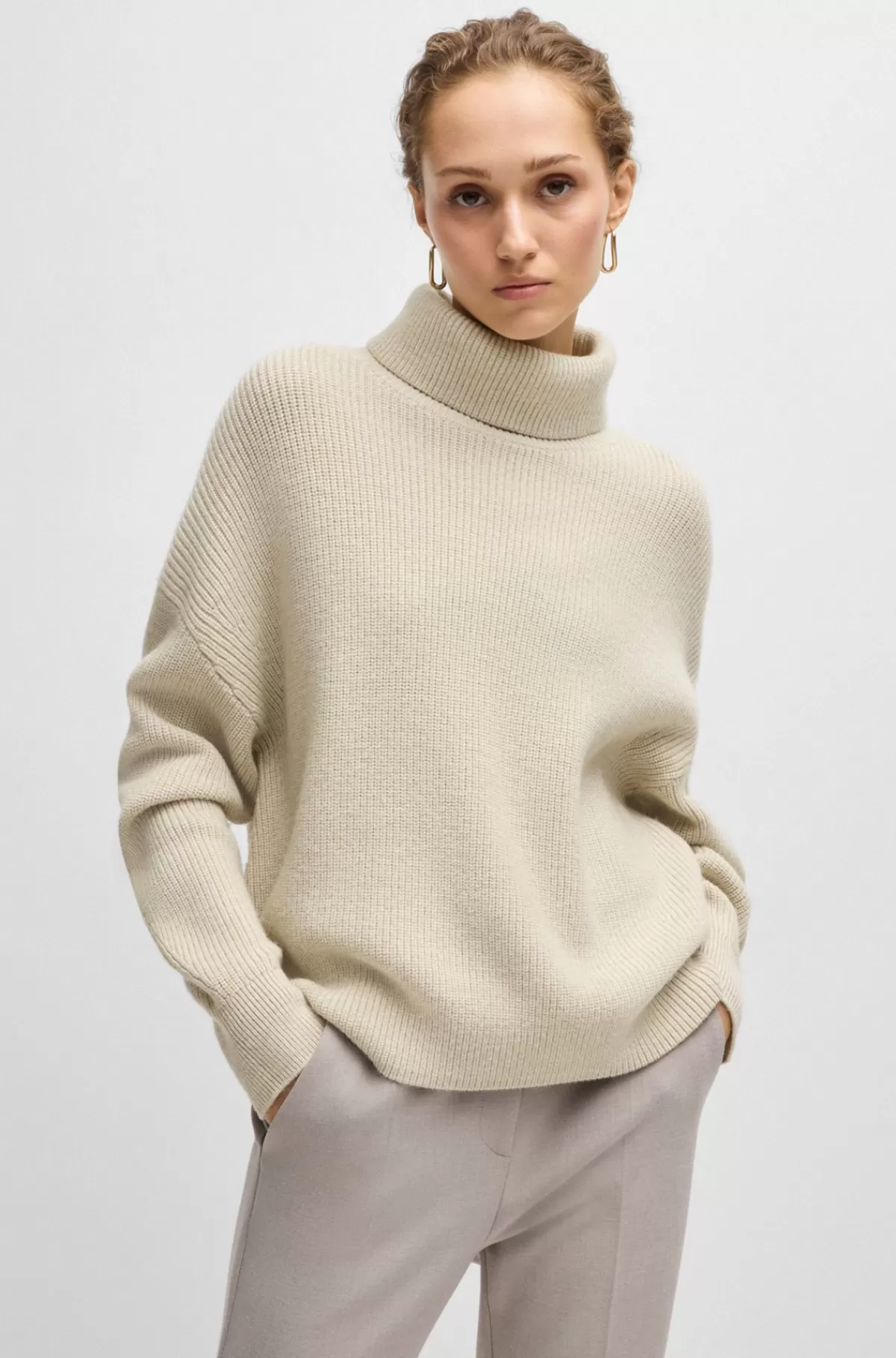 HUGO BOSS Rullekravesweater I Ny Uld Med Rib Lys beige Fashion