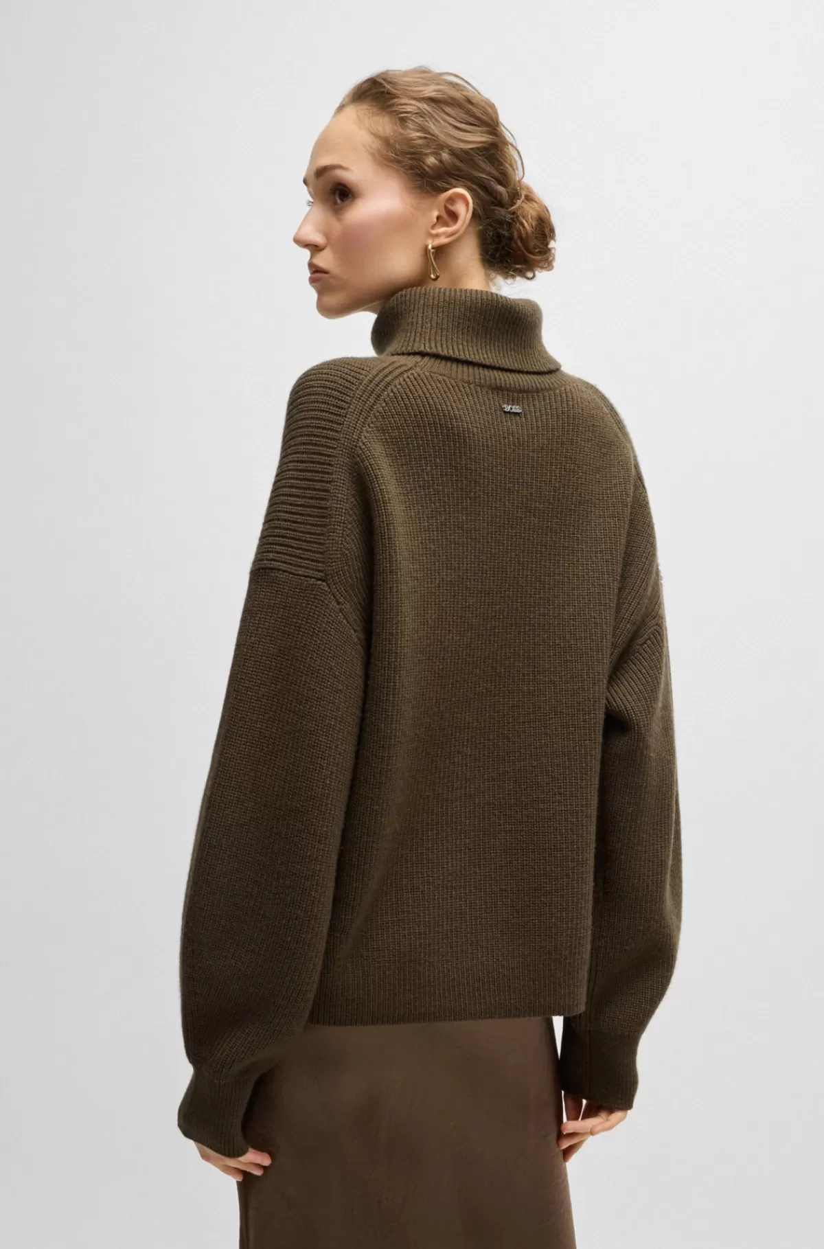 HUGO BOSS Rullekravesweater I Ny Uld Med Rib Kaki Outlet