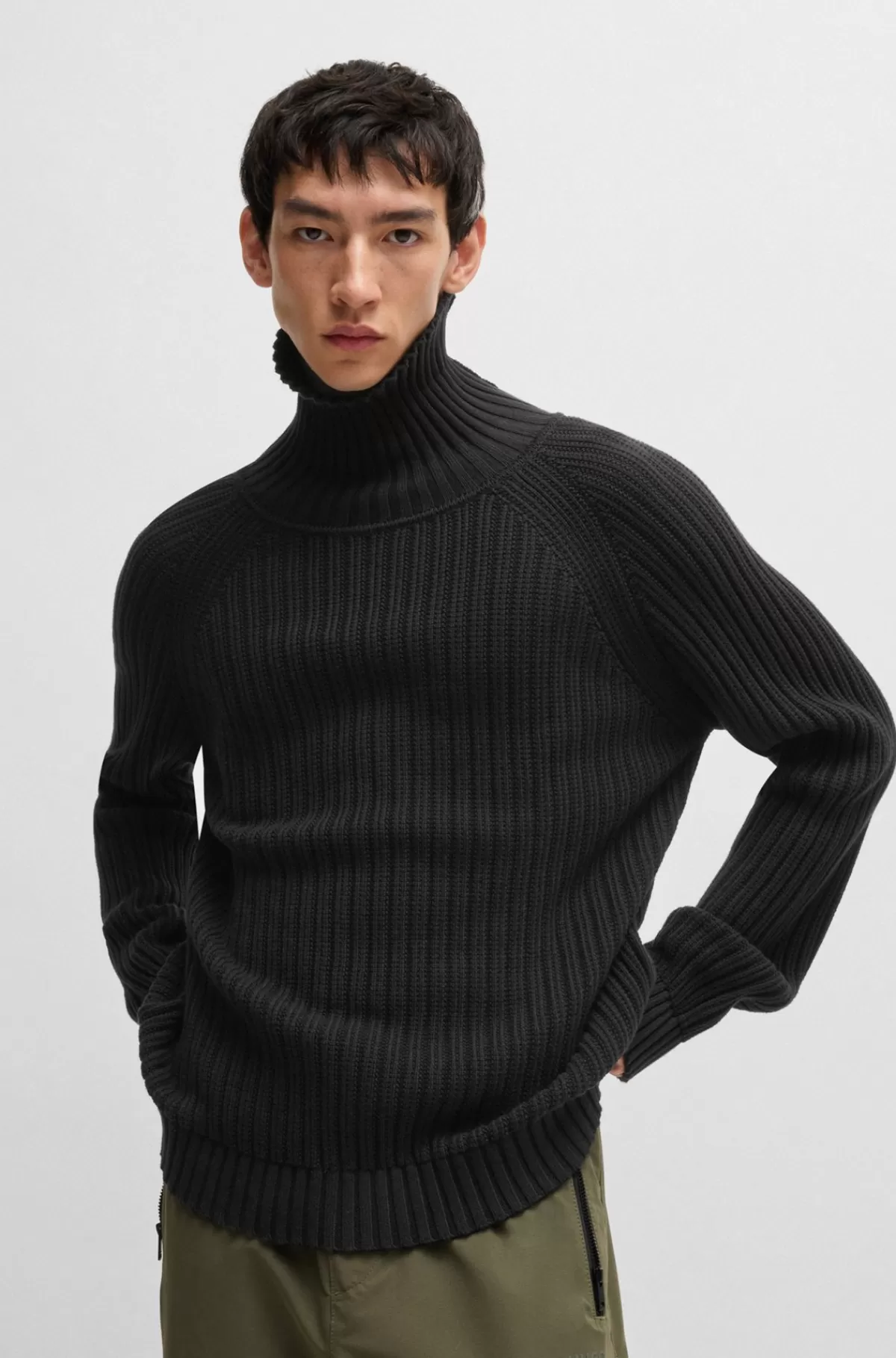 HUGO BOSS Rullekravesweater Med Relaxed Fit I Bomuld Med Ribstruktur Sort Discount