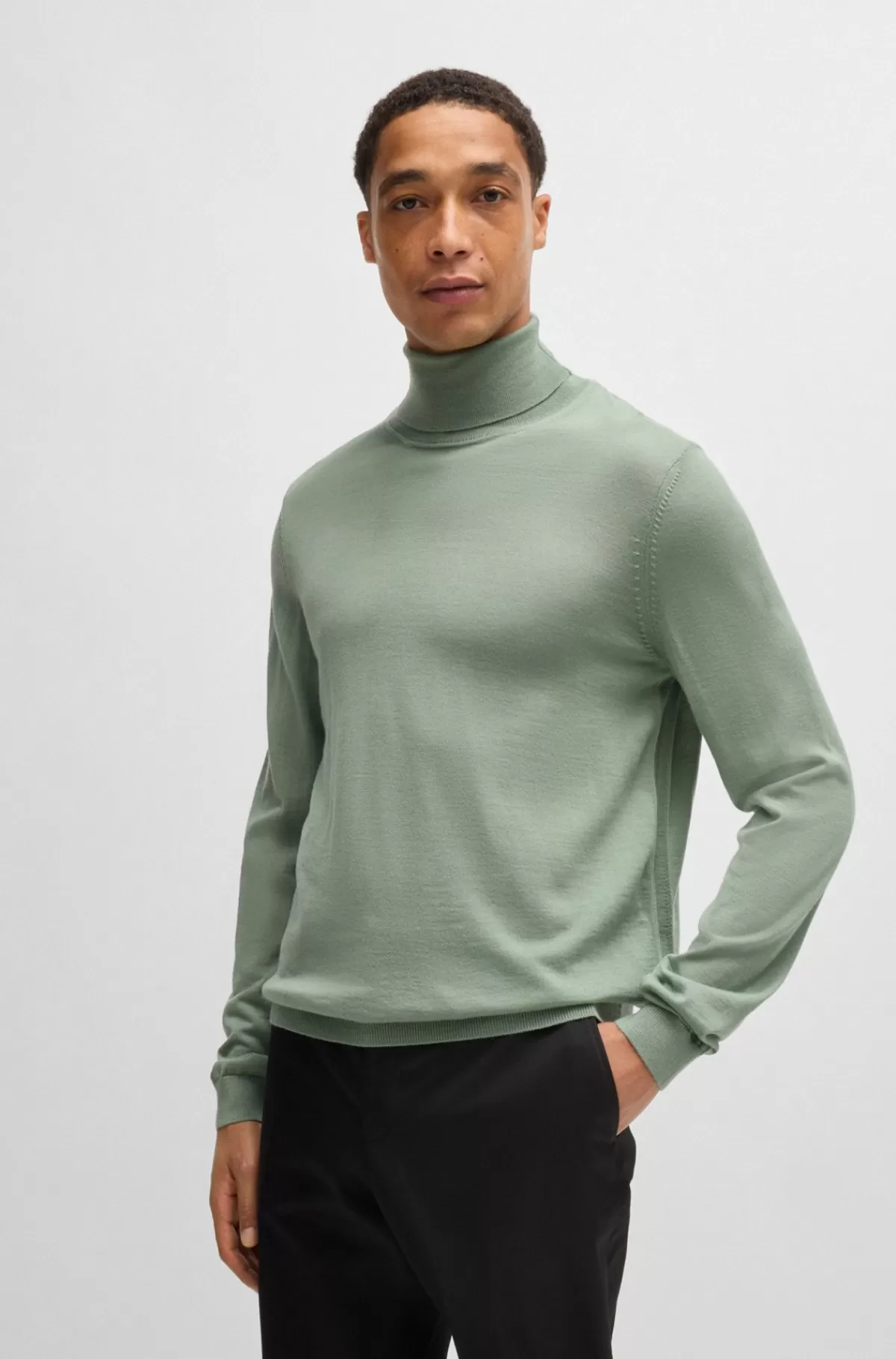 HUGO BOSS Rullekravesweater Med Slim Fit I Ny Uld Lysegrøn Cheap