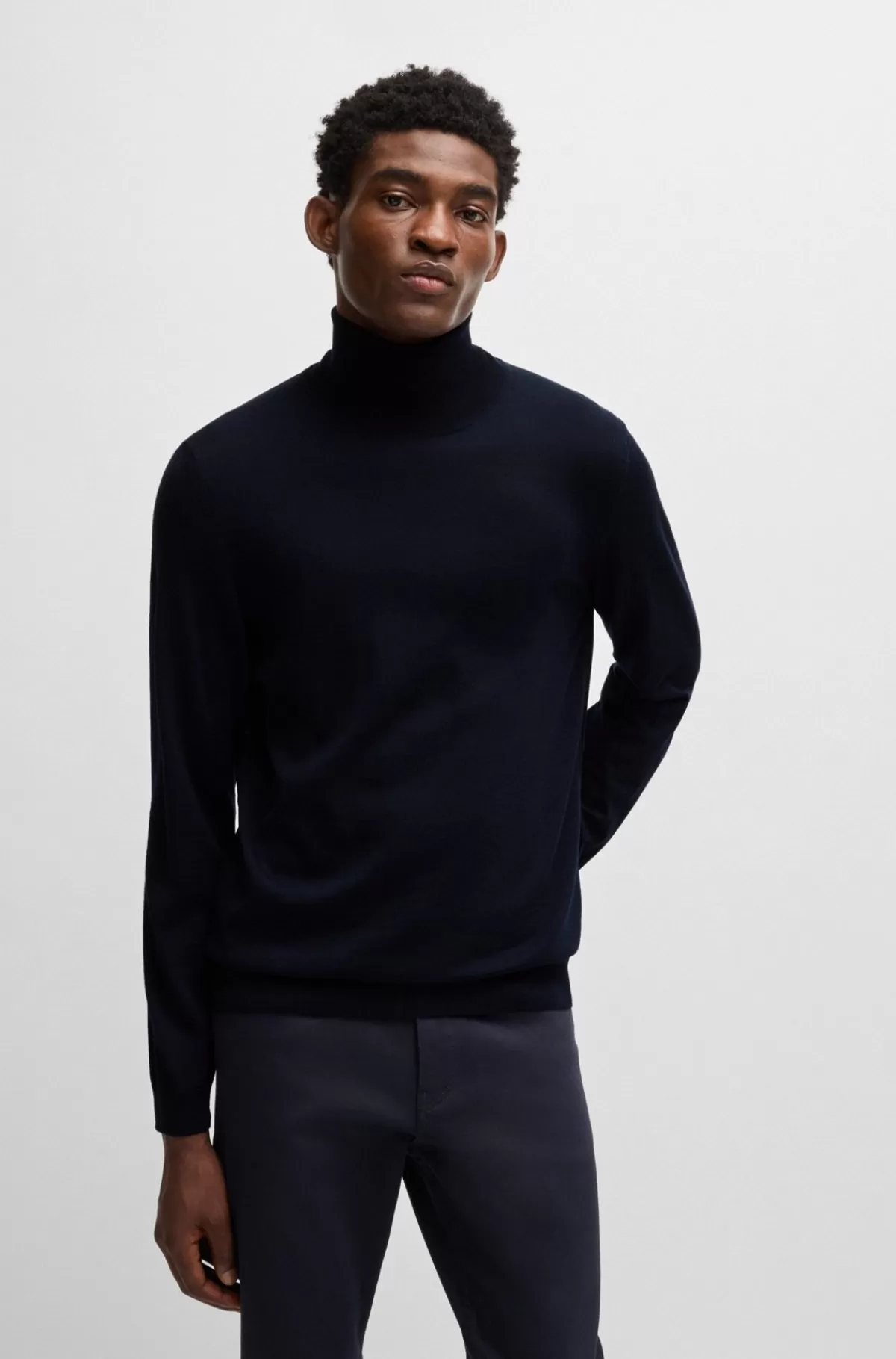 HUGO BOSS Rullekravesweater Med Slim Fit I Ny Uld Mørkeblå Online