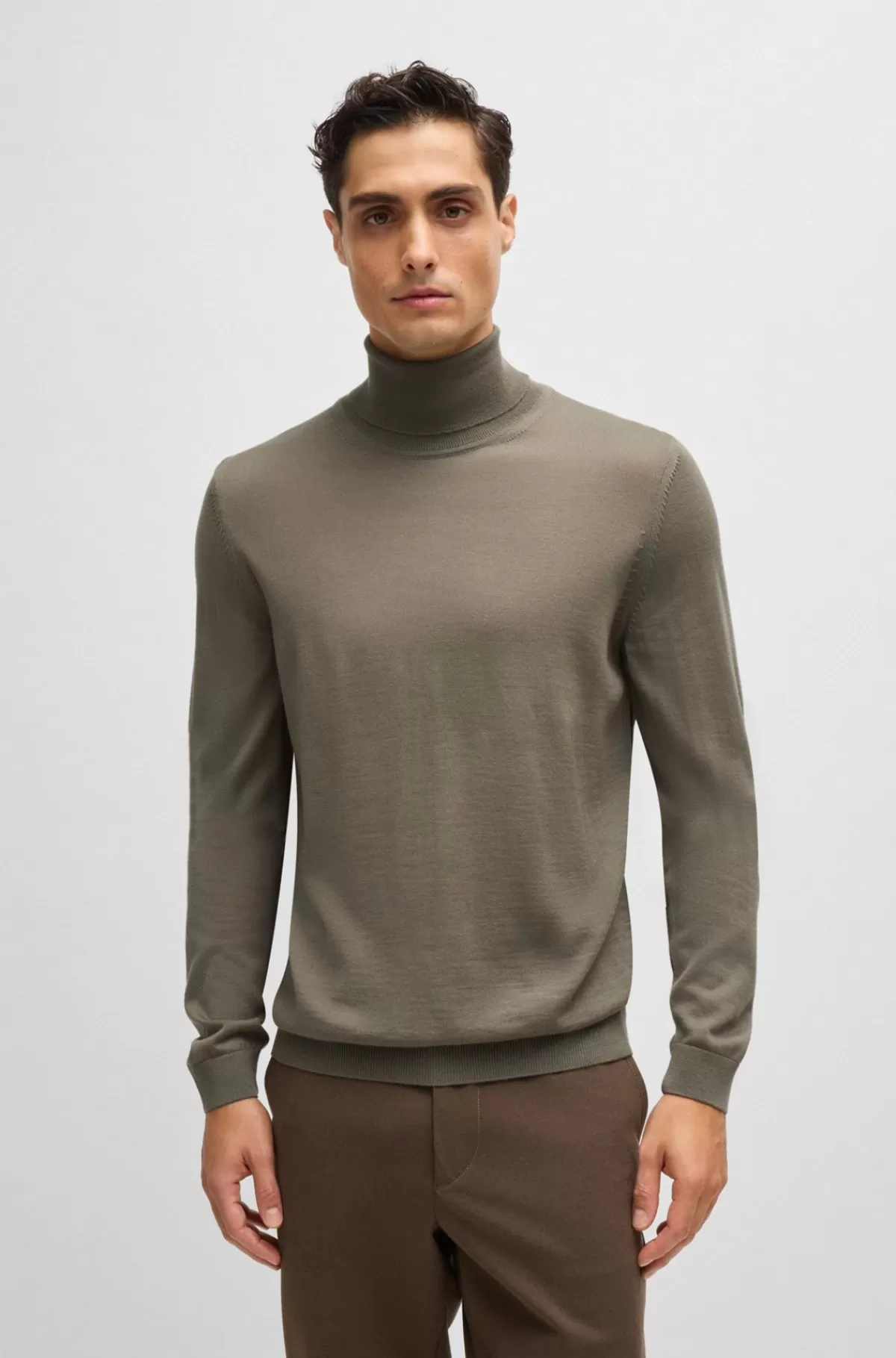 HUGO BOSS Rullekravesweater Med Slim Fit I Ny Uld Grå Fashion