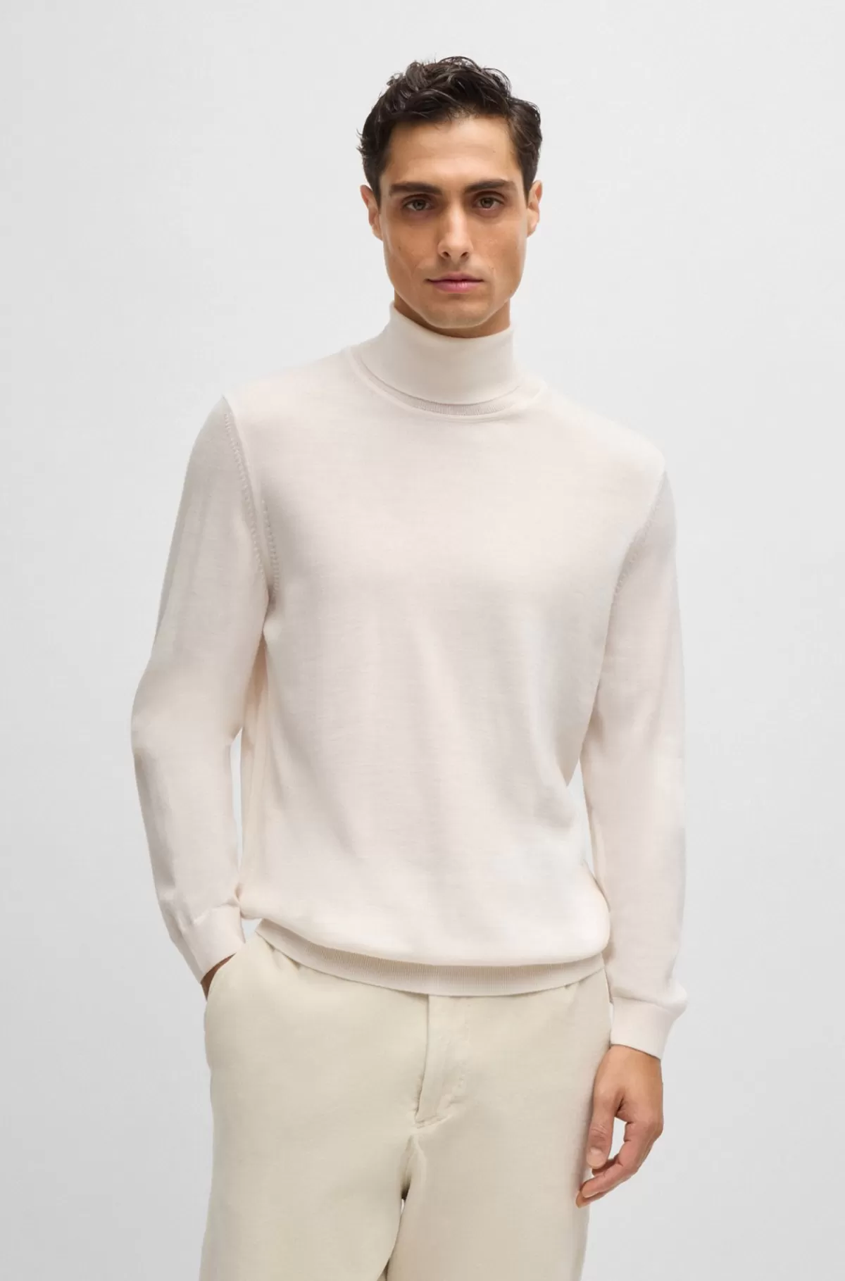 HUGO BOSS Rullekravesweater Med Slim Fit I Ny Uld Hvid Flash Sale