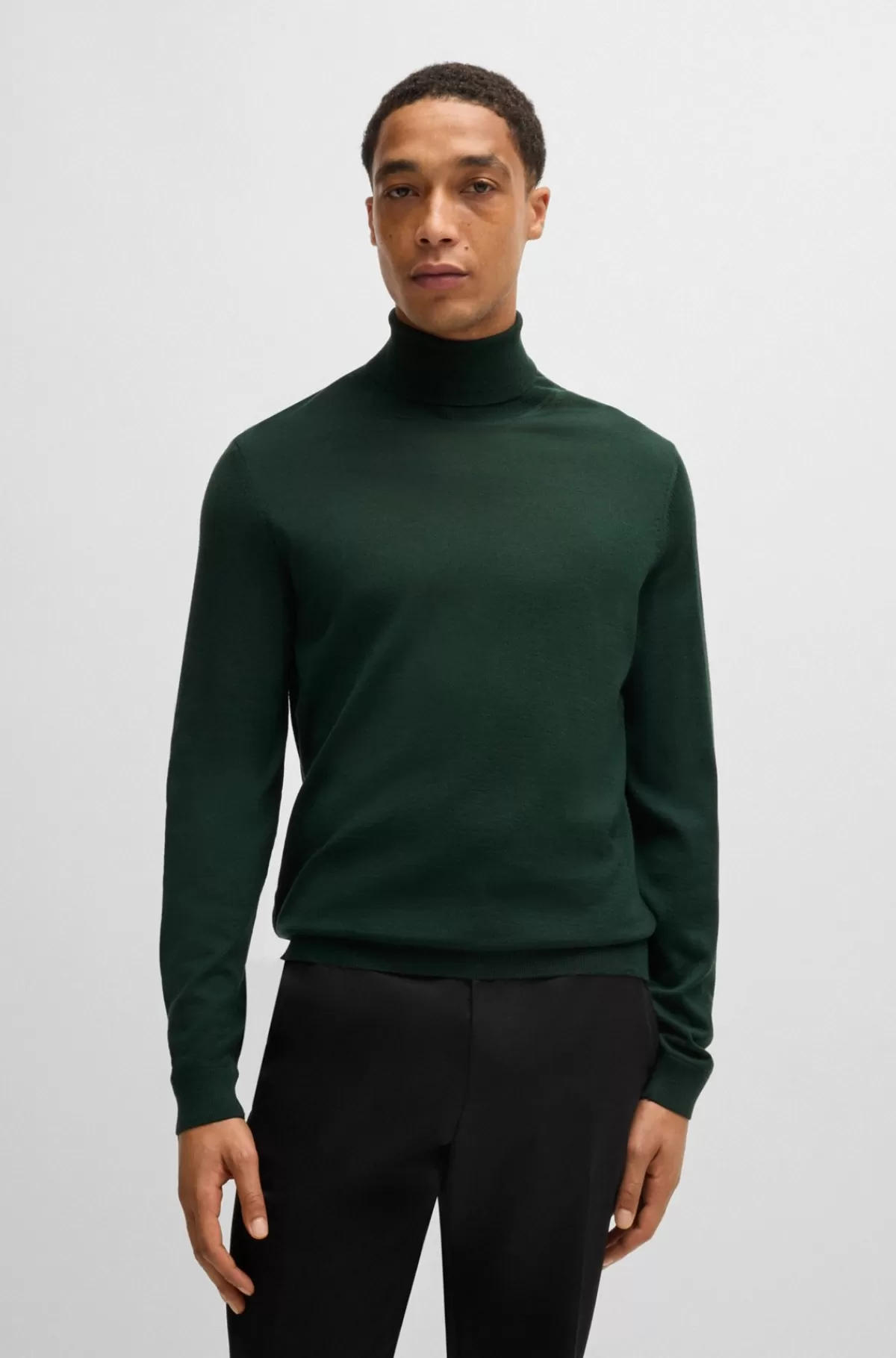 HUGO BOSS Rullekravesweater Med Slim Fit I Ny Uld Mørkegrøn Discount