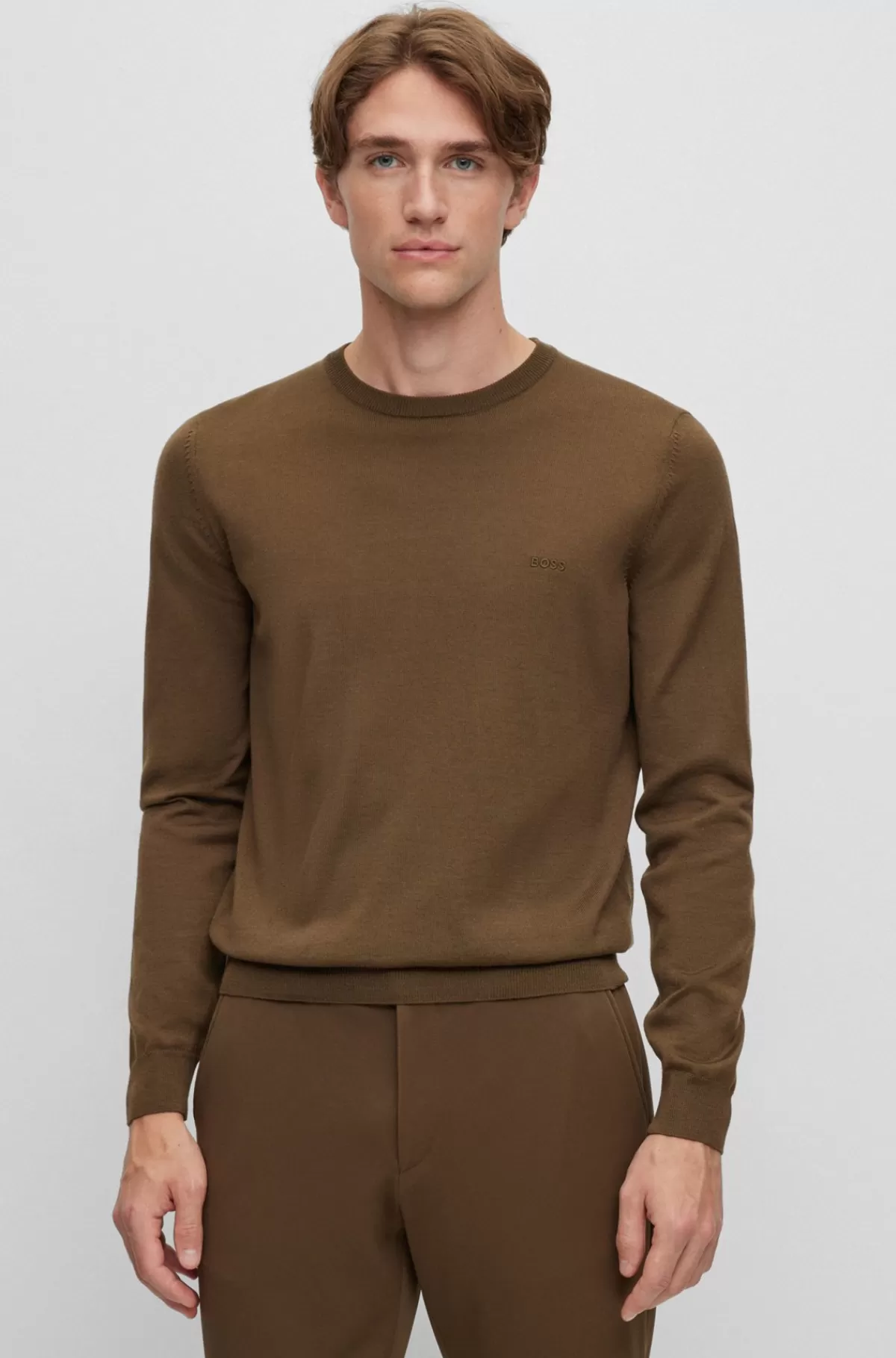 HUGO BOSS Rundhalset Sweater I Ny Uld Med Broderet Logo Kaki Sale