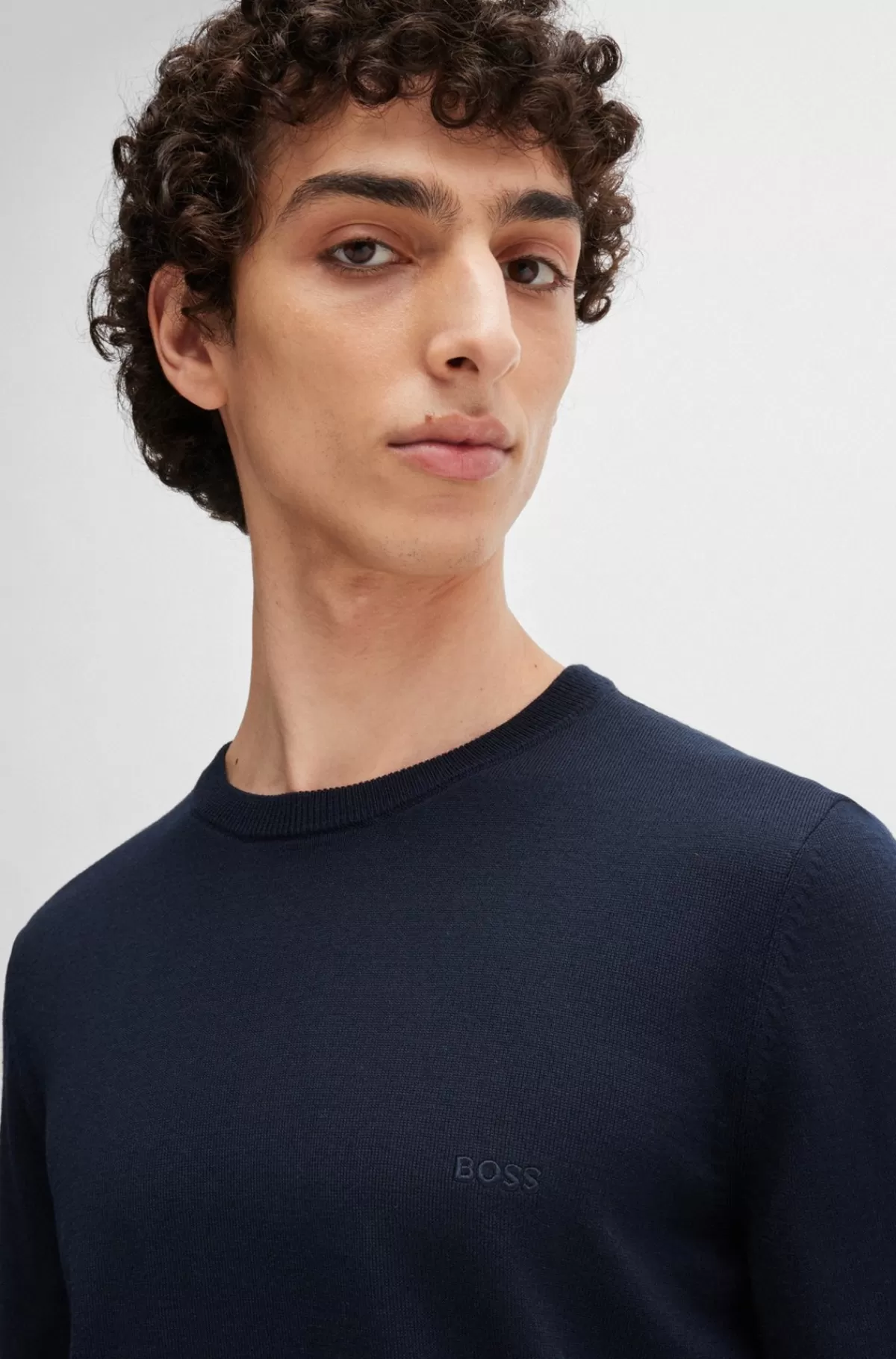 HUGO BOSS Rundhalset Sweater I Ny Uld Med Broderet Logo Mørkeblå Online