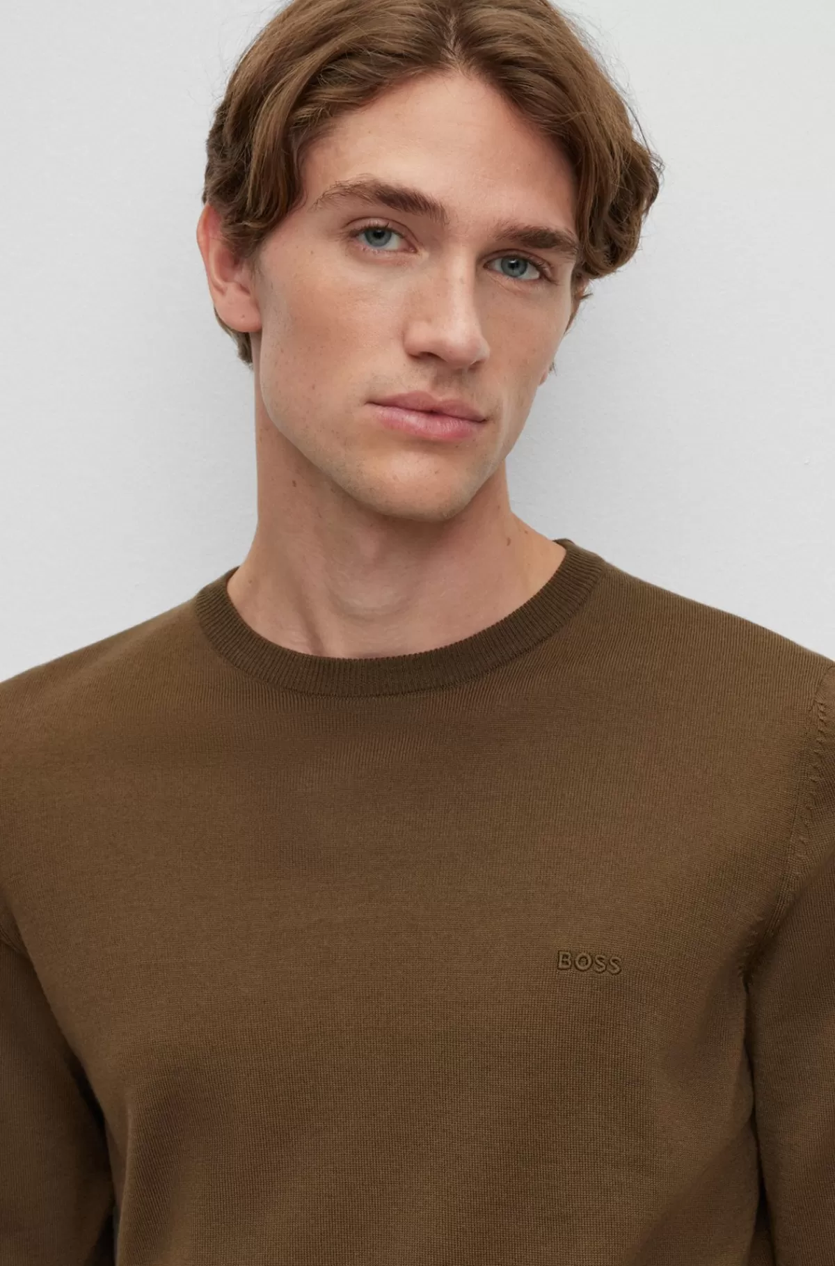 HUGO BOSS Rundhalset Sweater I Ny Uld Med Broderet Logo Kaki Sale