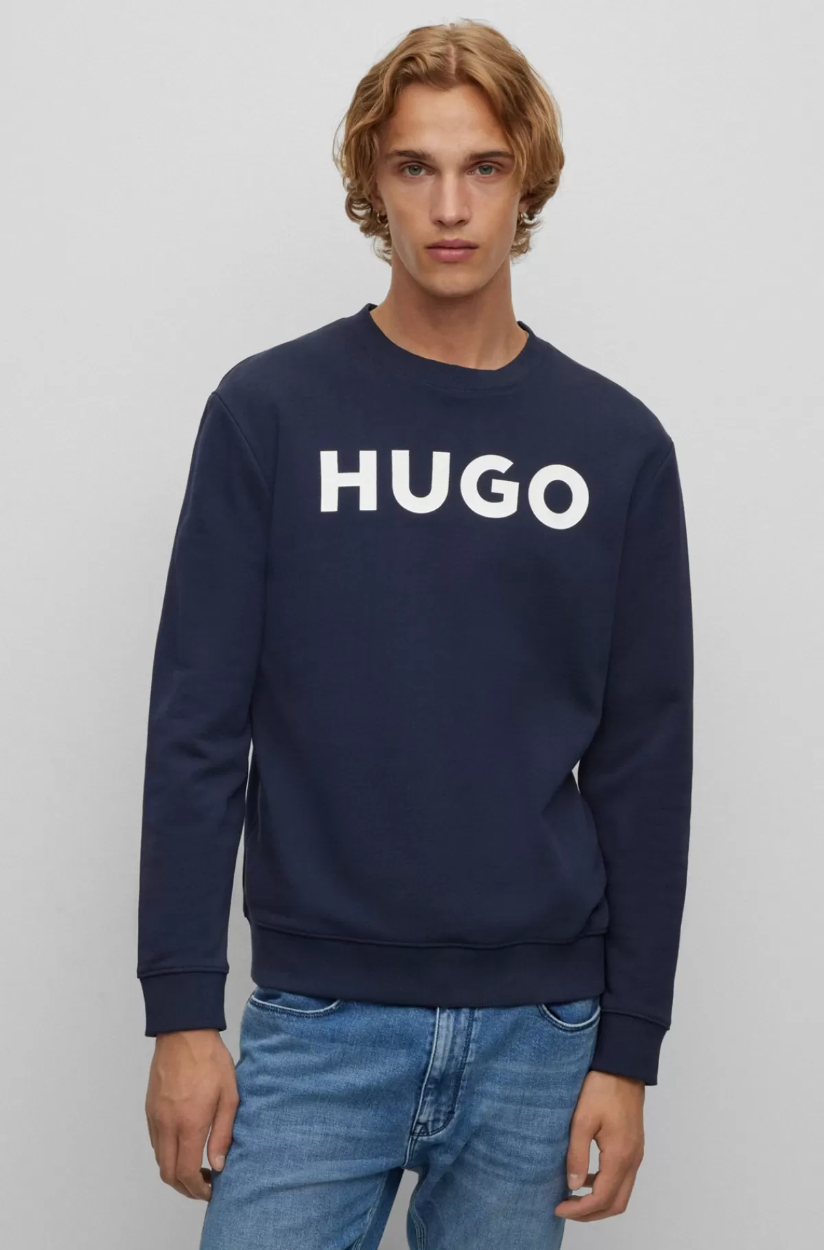 HUGO BOSS Rundhalset Sweatshirt I Frotté Med Kontrastlogo Mørkeblå Online