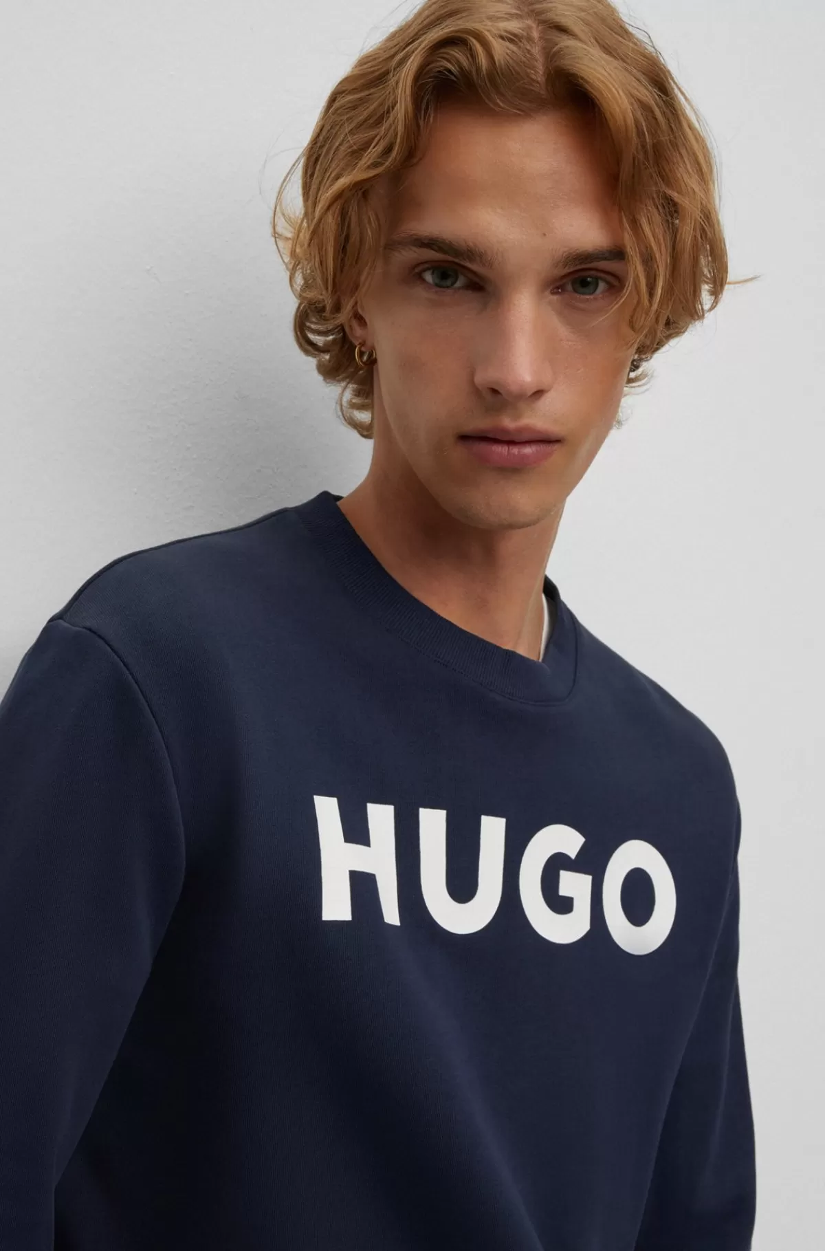 HUGO BOSS Rundhalset Sweatshirt I Frotté Med Kontrastlogo Mørkeblå Online