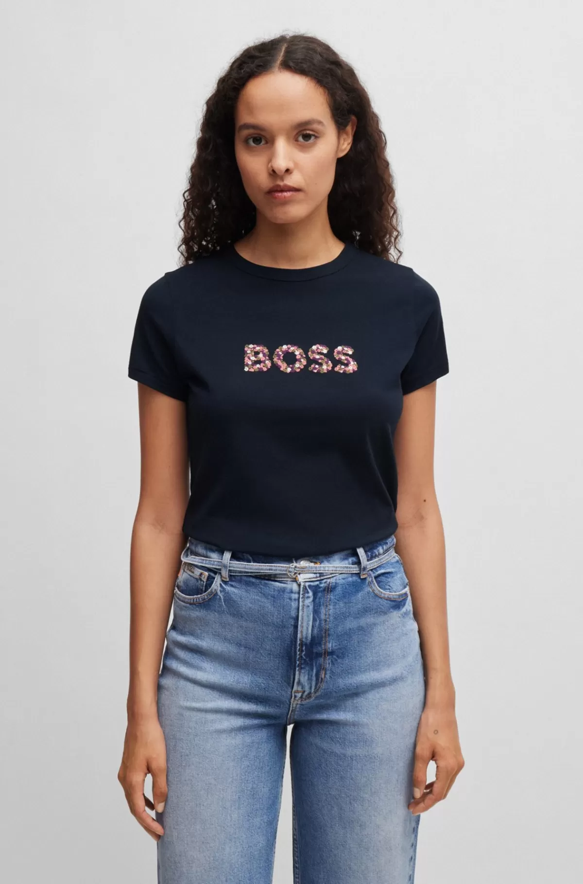 HUGO BOSS Rundhalset T-shirt I Bomuldsjersey Med Logo-grafik Mørkeblå Online