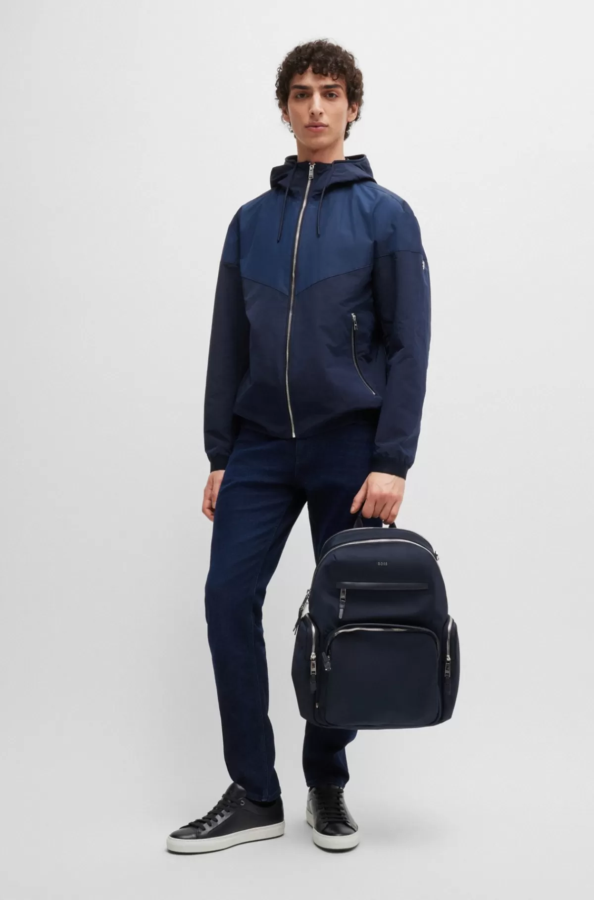 HUGO BOSS Rygsæk I Strukturmateriale Med Logo Og Tovejs Lynlås Mørkeblå Store
