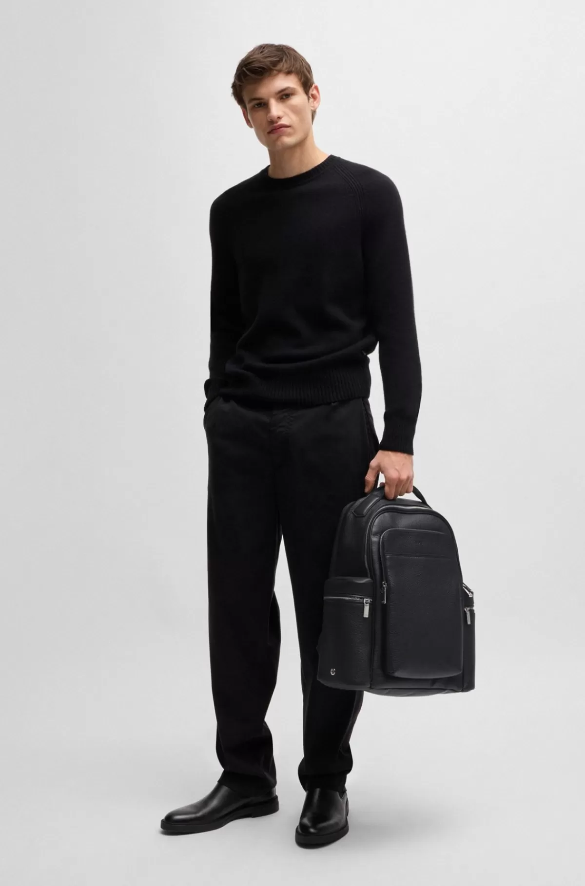 HUGO BOSS Rygsæk Med Flere Lommer I Italiensk Læder Med Signaturdetaljer Sort Outlet