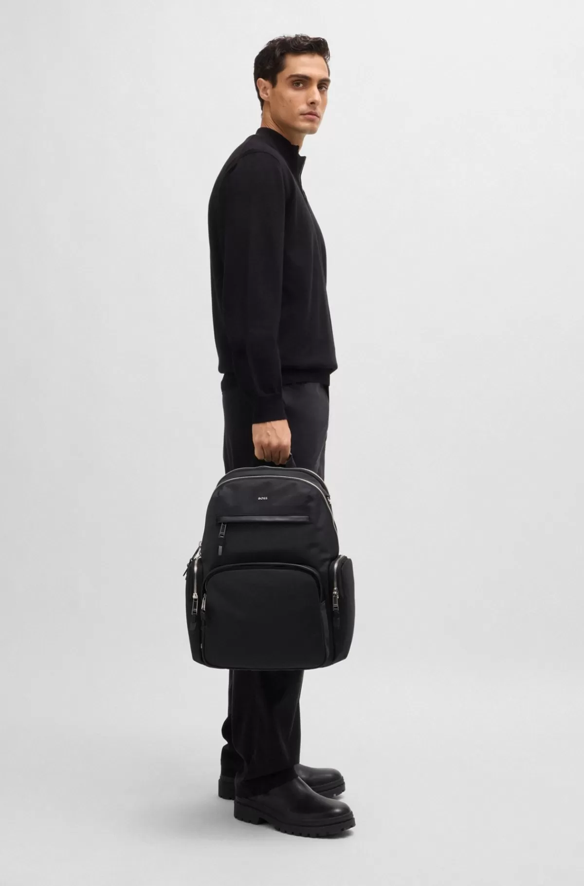 HUGO BOSS Rygsæk Med Læderdetaljer Og Tovejslynlås Sort Clearance