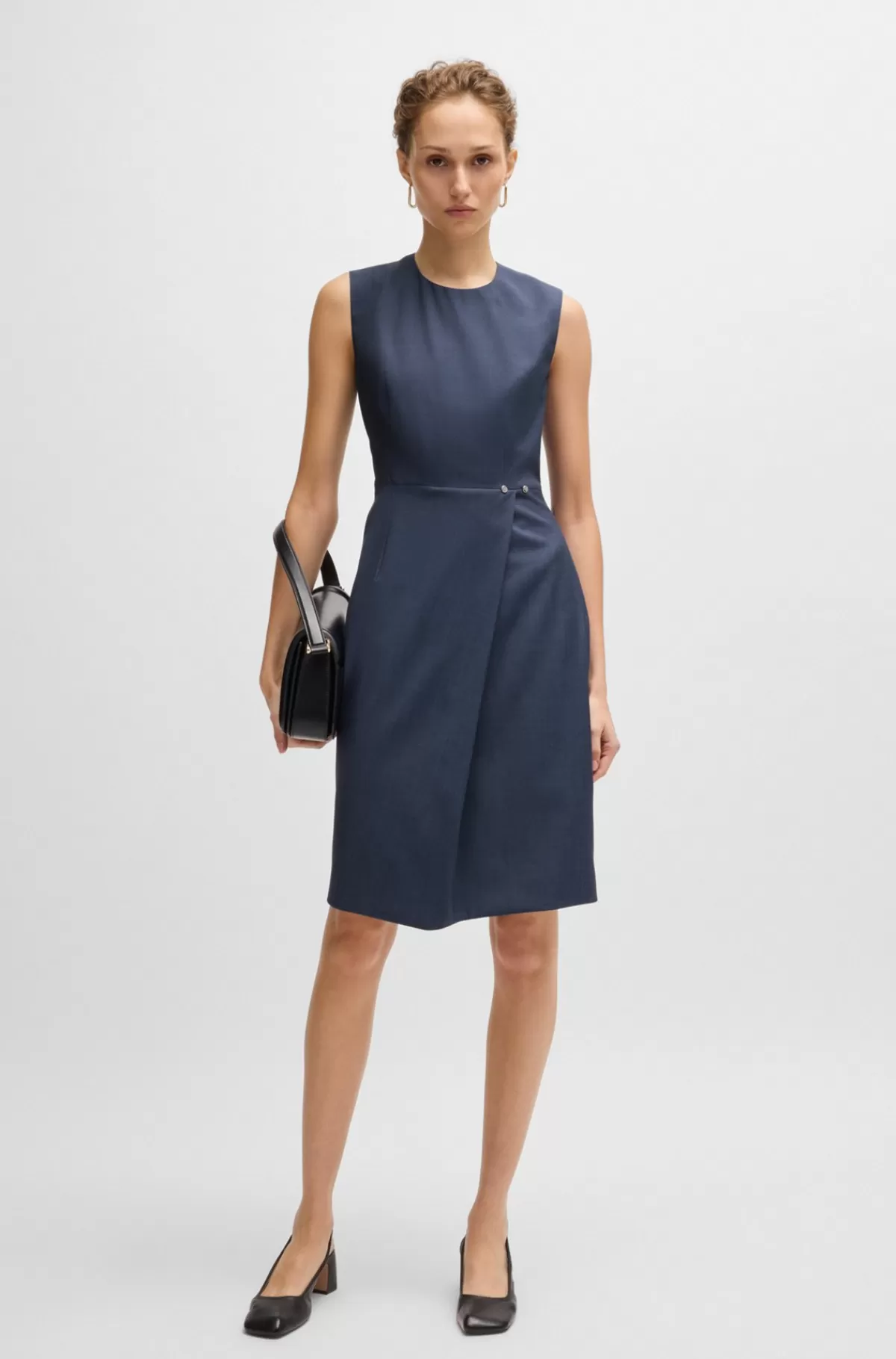 HUGO BOSS Shift-style Kjole I Ny Uld Med Slå Om-detalje I Skørtet Mørkeblå Sale