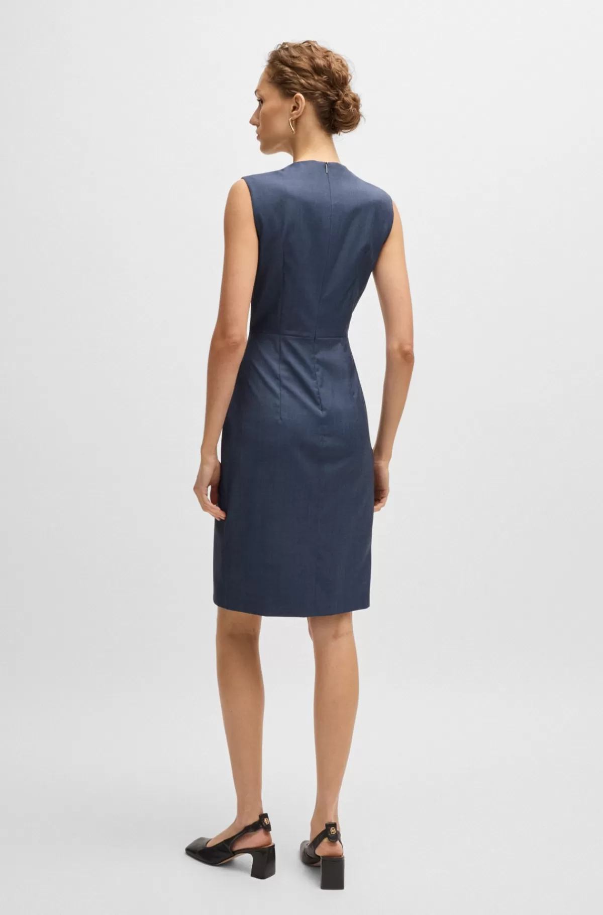 HUGO BOSS Shift-style Kjole I Ny Uld Med Slå Om-detalje I Skørtet Mørkeblå Sale