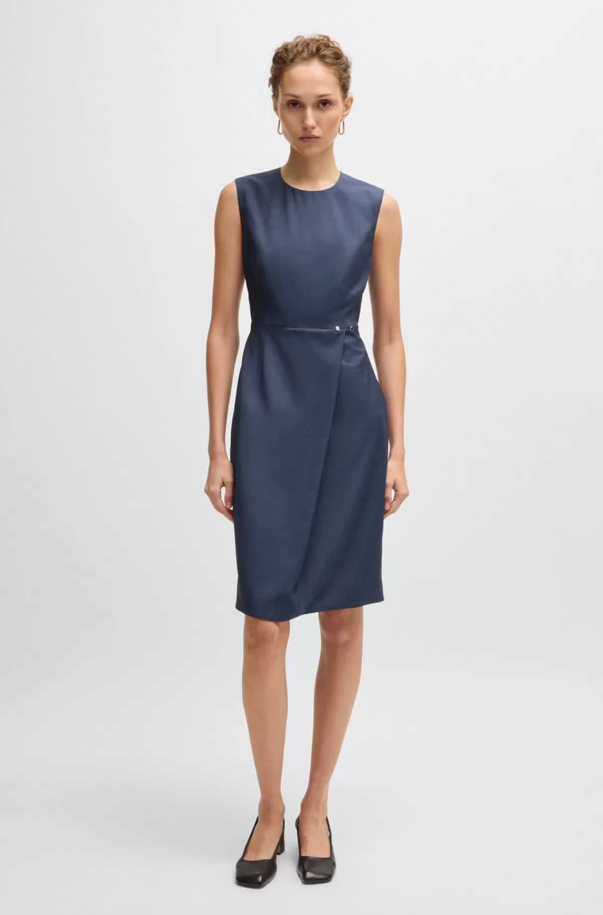 HUGO BOSS Shift-style Kjole I Ny Uld Med Slå Om-detalje I Skørtet Mørkeblå Sale