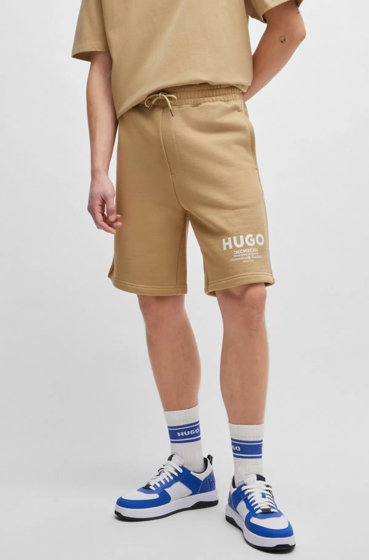 HUGO BOSS Shorts I Bomuldsfrotté Med Løbegang Og Logoprint Beige Store