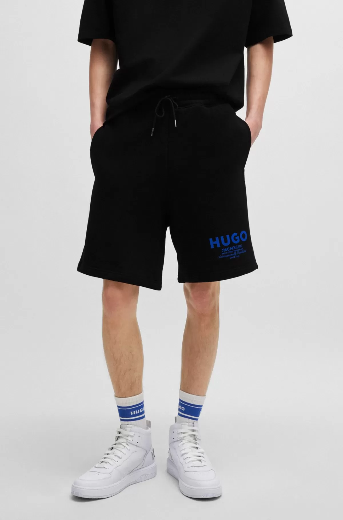 HUGO BOSS Shorts I Bomuldsfrotté Med Løbegang Og Logoprint Sort Sale