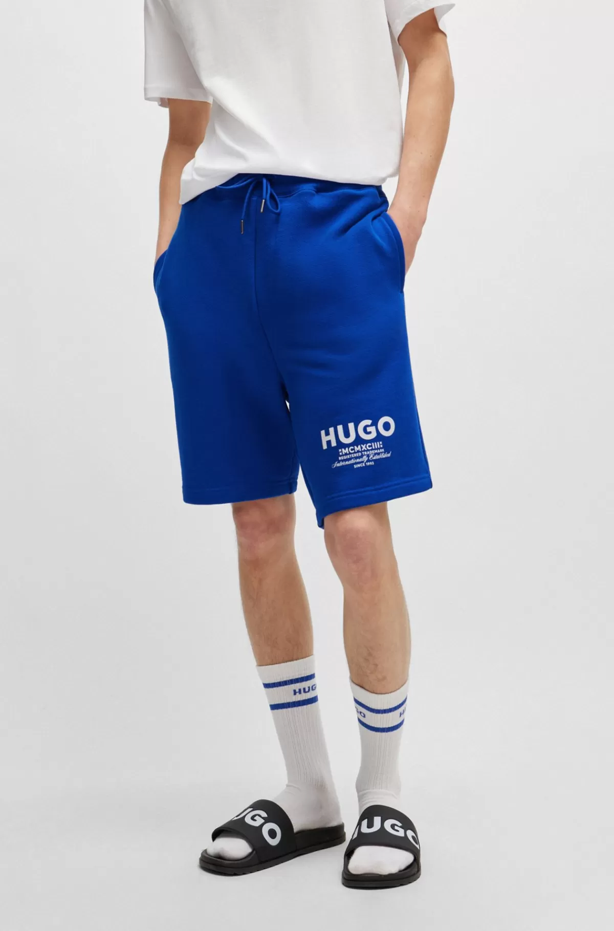 HUGO BOSS Shorts I Bomuldsfrotté Med Løbegang Og Logoprint Blå Flash Sale