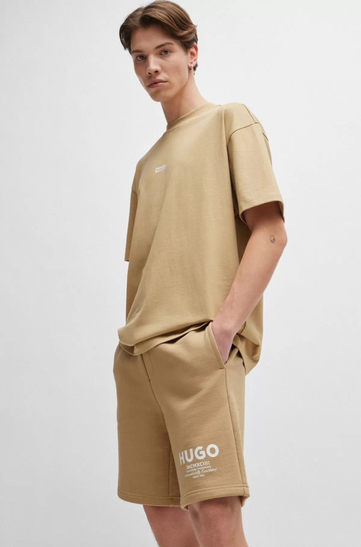 HUGO BOSS Shorts I Bomuldsfrotté Med Løbegang Og Logoprint Beige Store