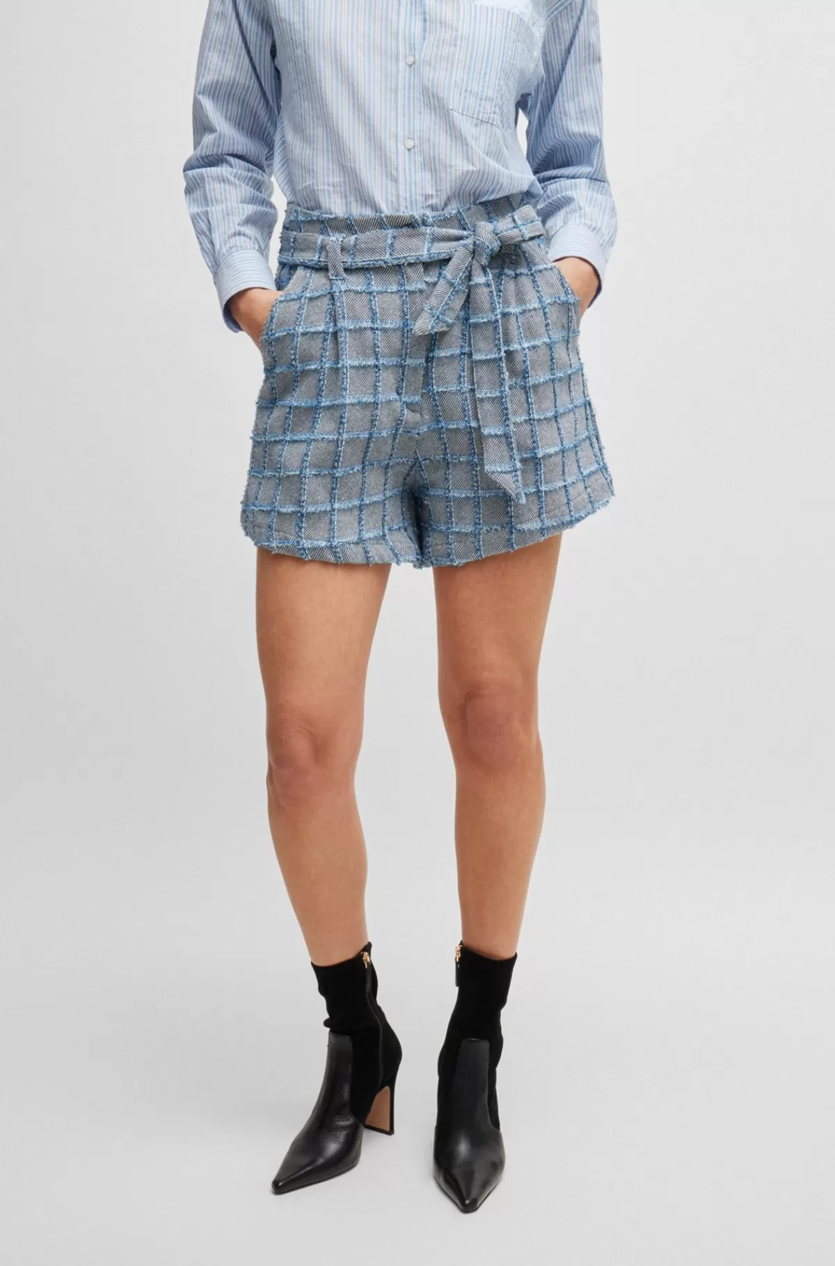 HUGO BOSS Shorts Med Paperbagtalje I Tweed Af Bomuldsblanding Med Denimtern Blå mønstret Clearance