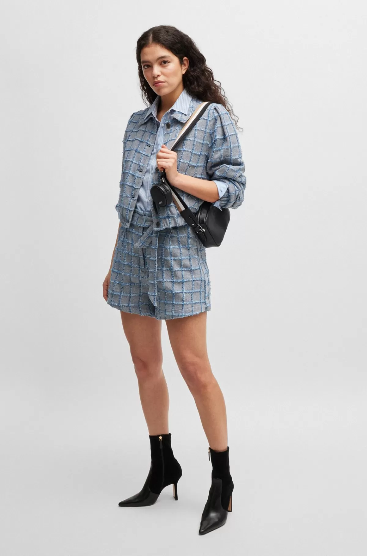 HUGO BOSS Shorts Med Paperbagtalje I Tweed Af Bomuldsblanding Med Denimtern Blå mønstret Clearance