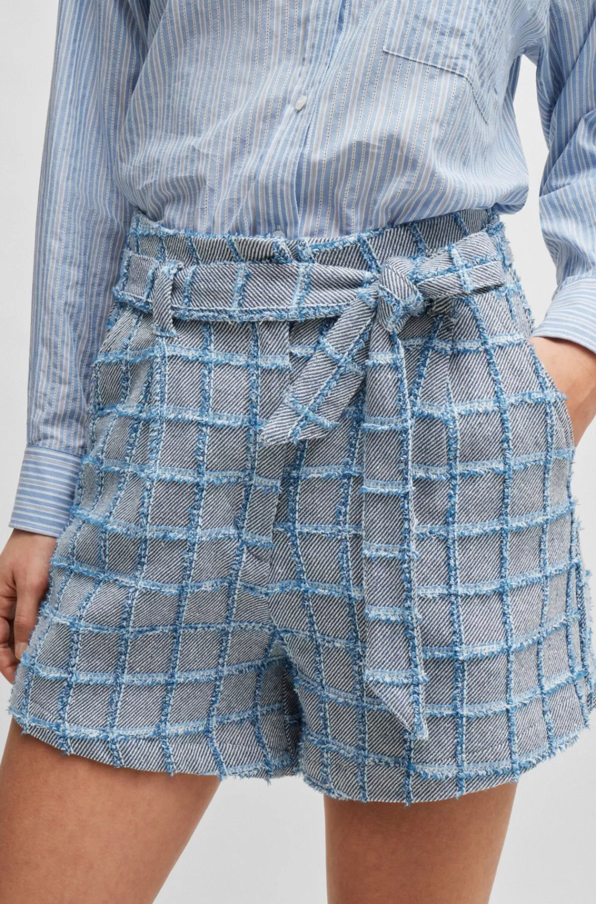 HUGO BOSS Shorts Med Paperbagtalje I Tweed Af Bomuldsblanding Med Denimtern Blå mønstret Clearance