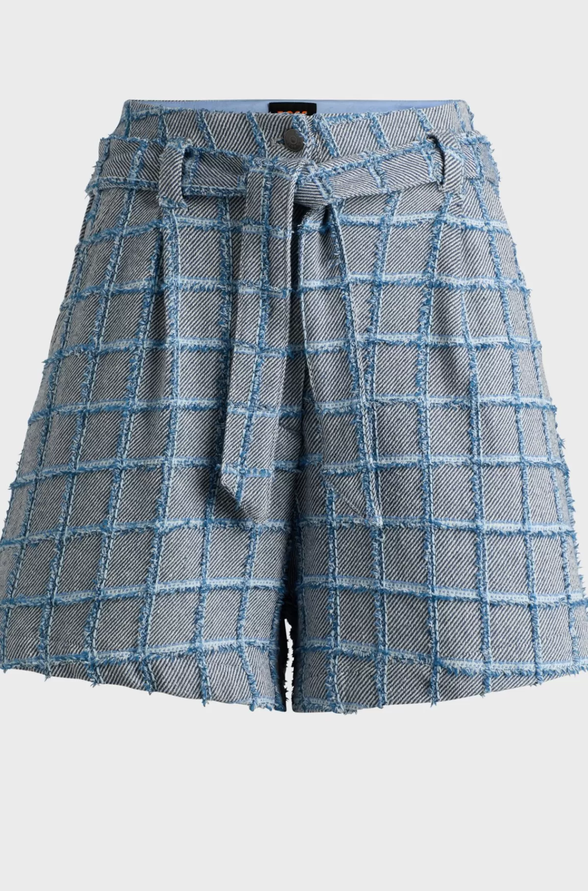 HUGO BOSS Shorts Med Paperbagtalje I Tweed Af Bomuldsblanding Med Denimtern Blå mønstret Clearance