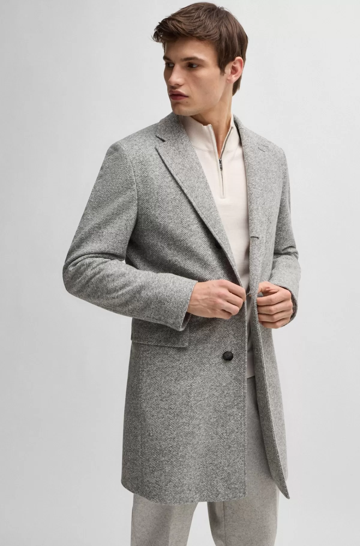 HUGO BOSS Sildebensvævet Helforet Slim Fit Frakke Med Aftagelig Inderside Med Lynlåslukning Grå Clearance