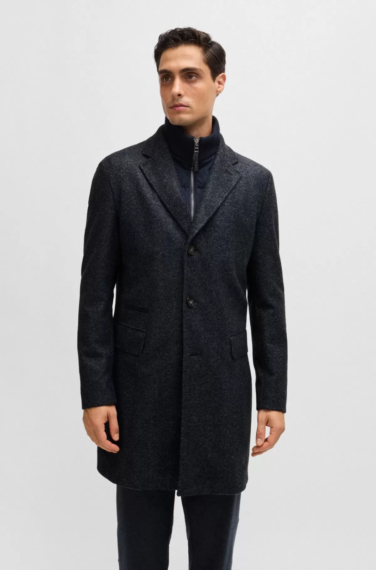 HUGO BOSS Sildebensvævet Helforet Slim Fit Frakke Med Aftagelig Inderside Med Lynlåslukning Mørkeblå Best Sale