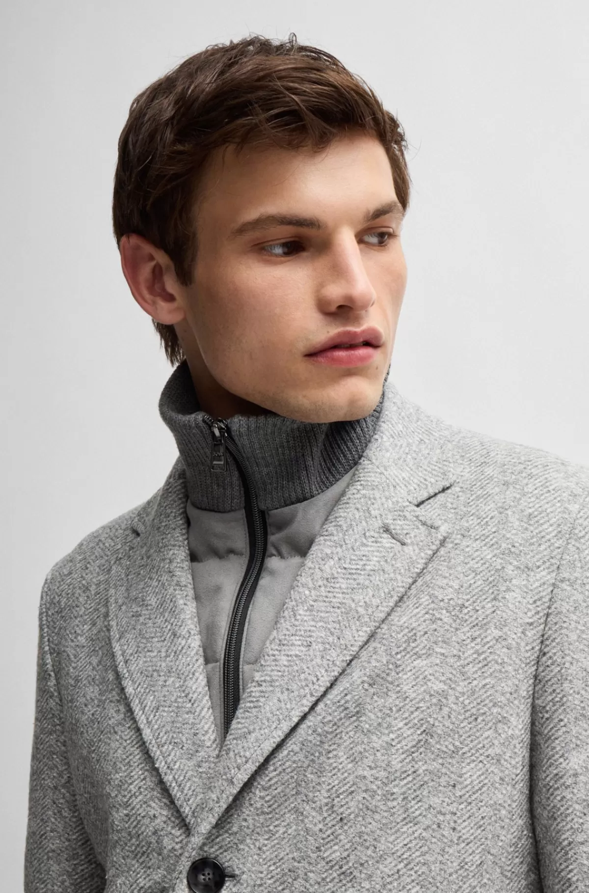 HUGO BOSS Sildebensvævet Helforet Slim Fit Frakke Med Aftagelig Inderside Med Lynlåslukning Grå Clearance