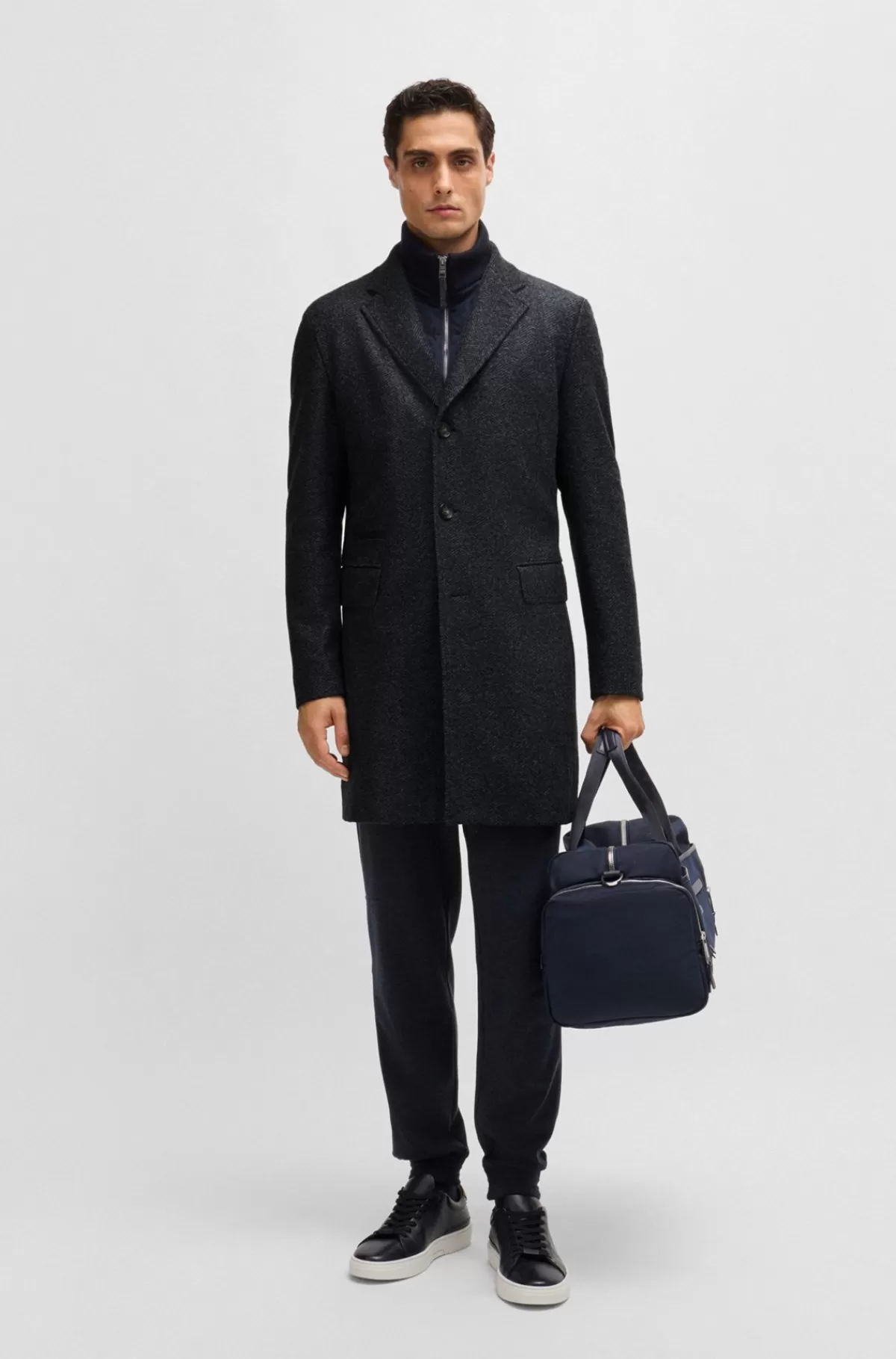 HUGO BOSS Sildebensvævet Helforet Slim Fit Frakke Med Aftagelig Inderside Med Lynlåslukning Mørkeblå Best Sale