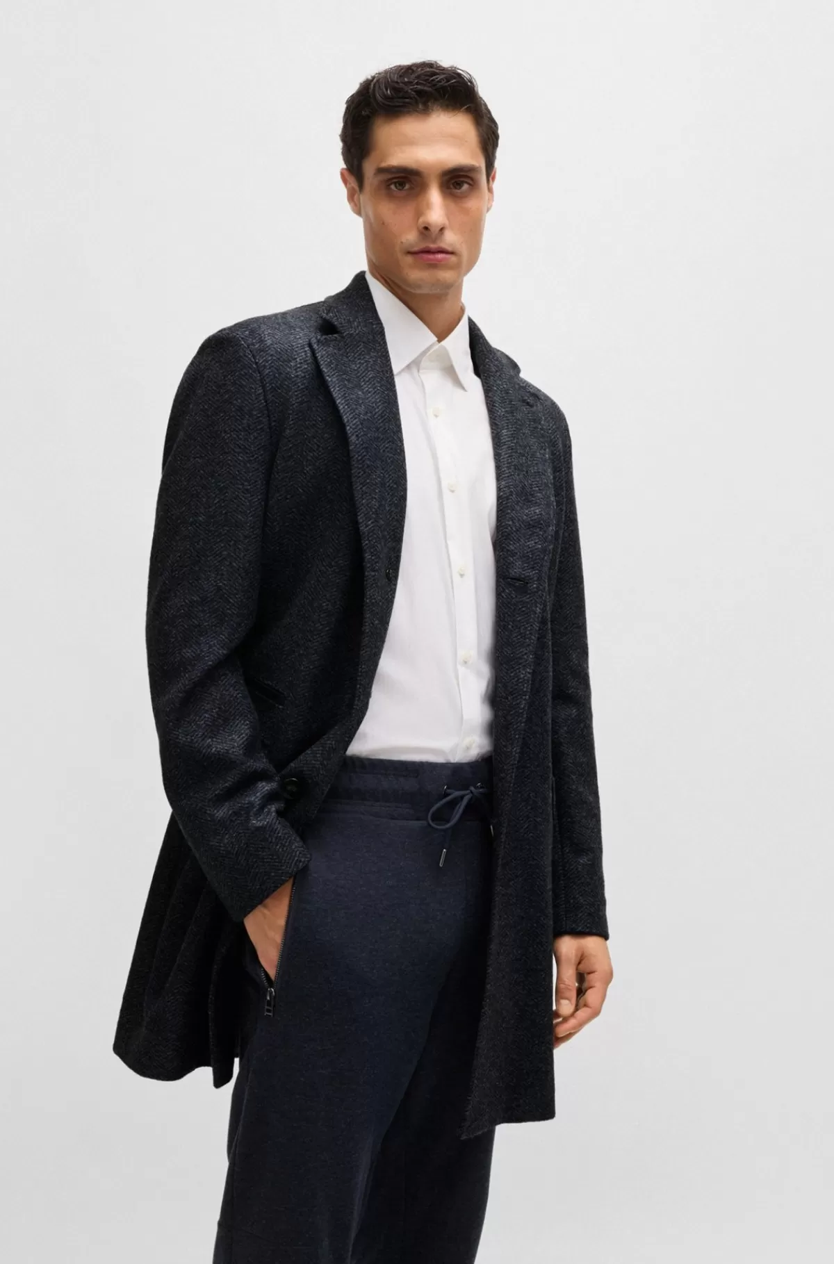 HUGO BOSS Sildebensvævet Helforet Slim Fit Frakke Med Aftagelig Inderside Med Lynlåslukning Mørkeblå Best Sale