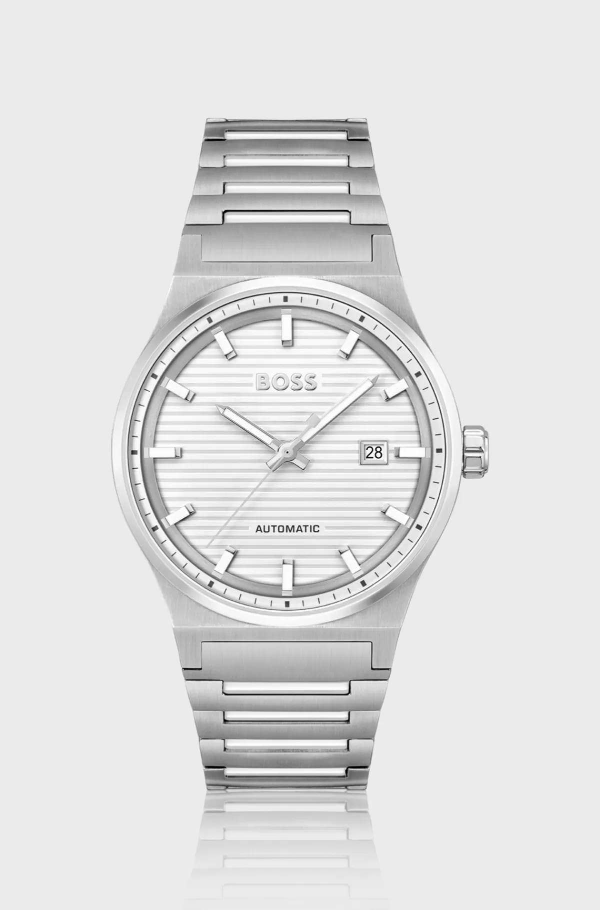 HUGO BOSS Silver-tone Automatic Watch With White Grooved Dial Sølv Hot