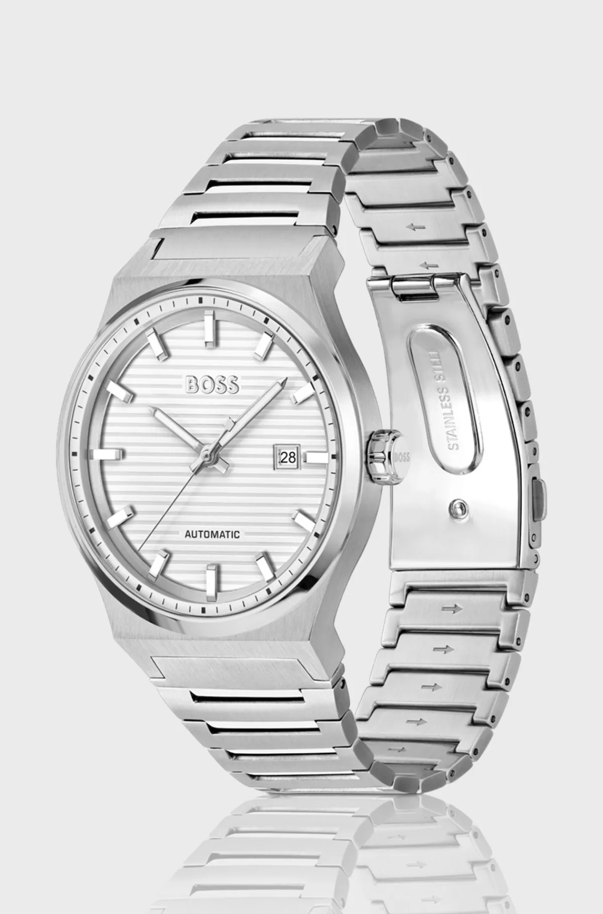 HUGO BOSS Silver-tone Automatic Watch With White Grooved Dial Sølv Hot