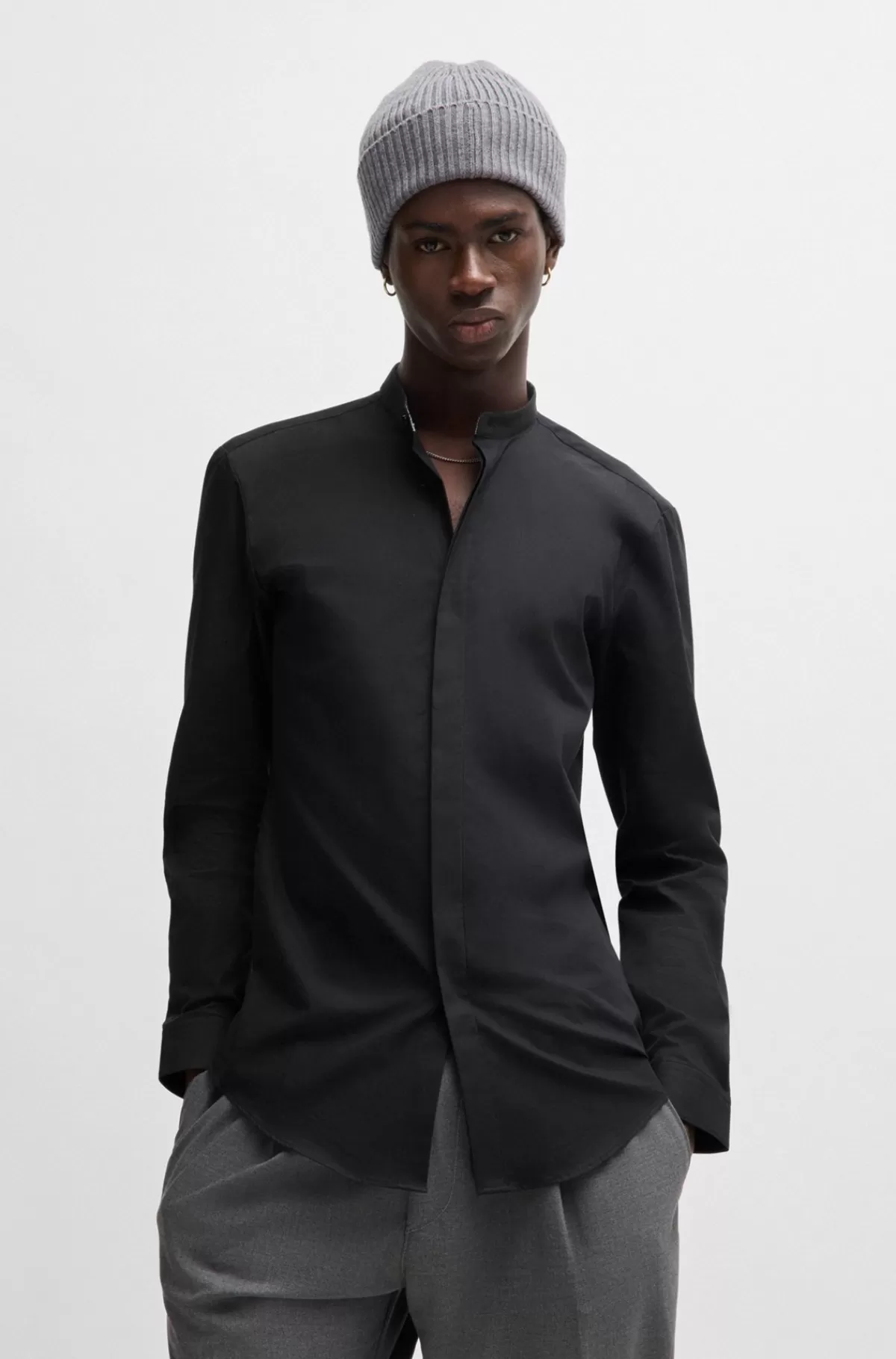 HUGO BOSS Skjorte I Bomuld Med Slim Fit Og Skjult Mønster Sort Store